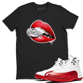 12s Cherry shirt to match jordans Lips Coin sneaker tees Air Jordan 12 Cherry SNRT Sneaker Release Tees Unisex Black 1 T-Shirt