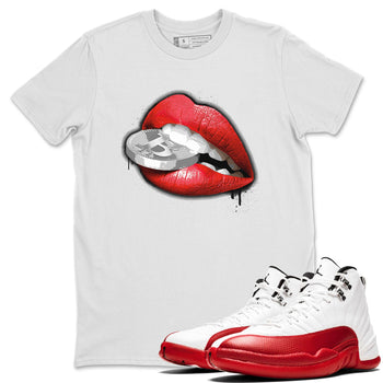 12s Cherry shirt to match jordans Lips Coin sneaker tees Air Jordan 12 Cherry SNRT Sneaker Release Tees Unisex White 1 T-Shirt