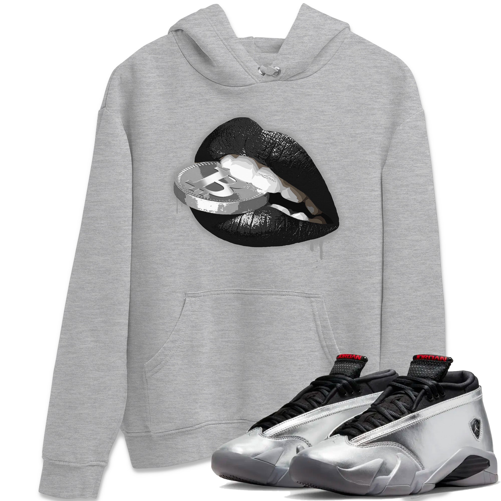 Air Jordan 14 Metallic Silver Sneaker Match Tees Lips Coin Sneaker Tees Jordan 14 WMNS Metallic Silver Sneaker Release Tees Unisex Shirts Heather Grey 1