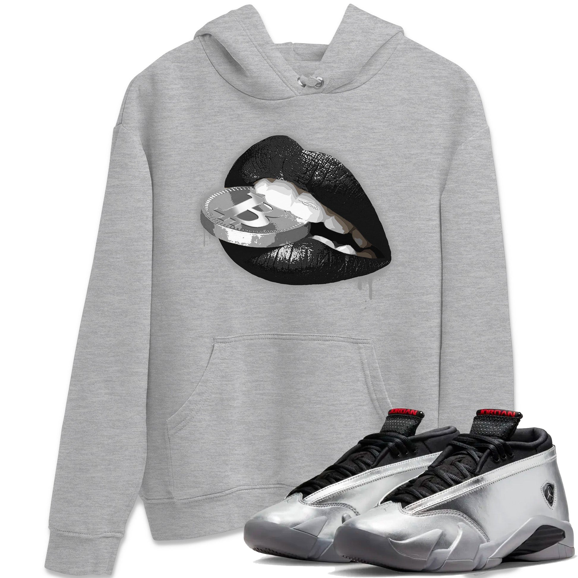 Air Jordan 14 Metallic Silver Sneaker Match Tees Lips Coin Sneaker Tees Jordan 14 WMNS Metallic Silver Sneaker Release Tees Unisex Shirts Heather Grey 1