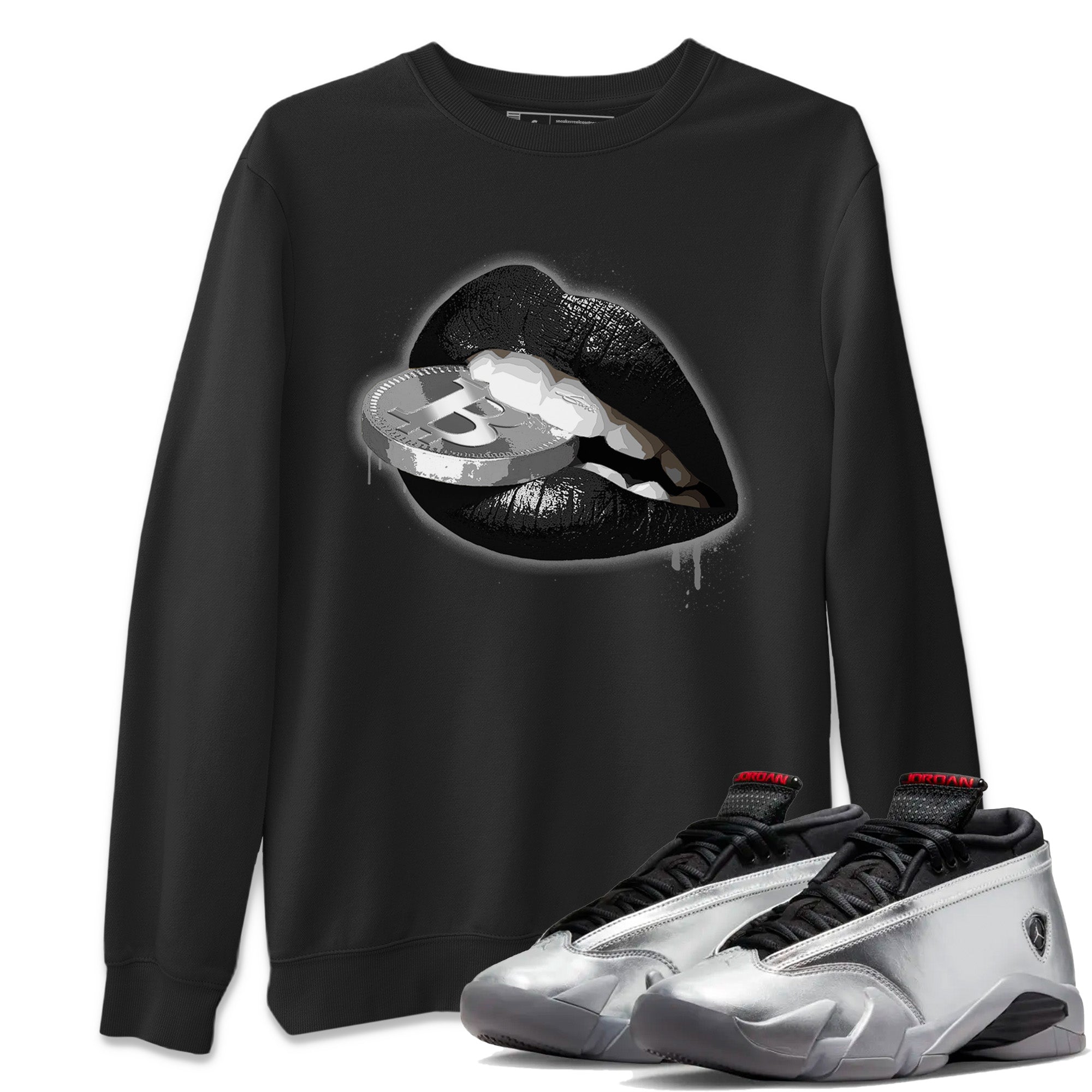 Air Jordan 14 Metallic Silver Sneaker Match Tees Lips Coin Sneaker Tees Jordan 14 WMNS Metallic Silver Sneaker Release Tees Unisex Shirts Black 1
