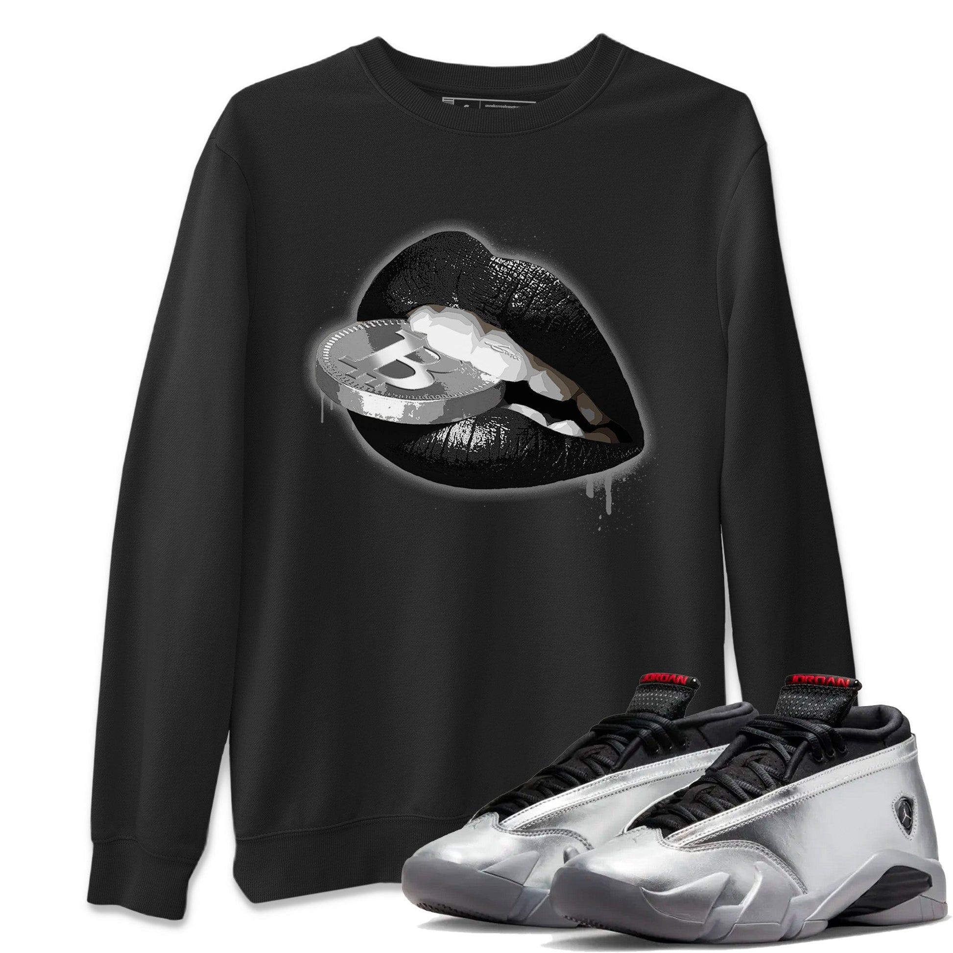 Air Jordan 14 Metallic Silver Sneaker Match Tees Lips Coin Sneaker Tees Jordan 14 WMNS Metallic Silver Sneaker Release Tees Unisex Shirts Black 1