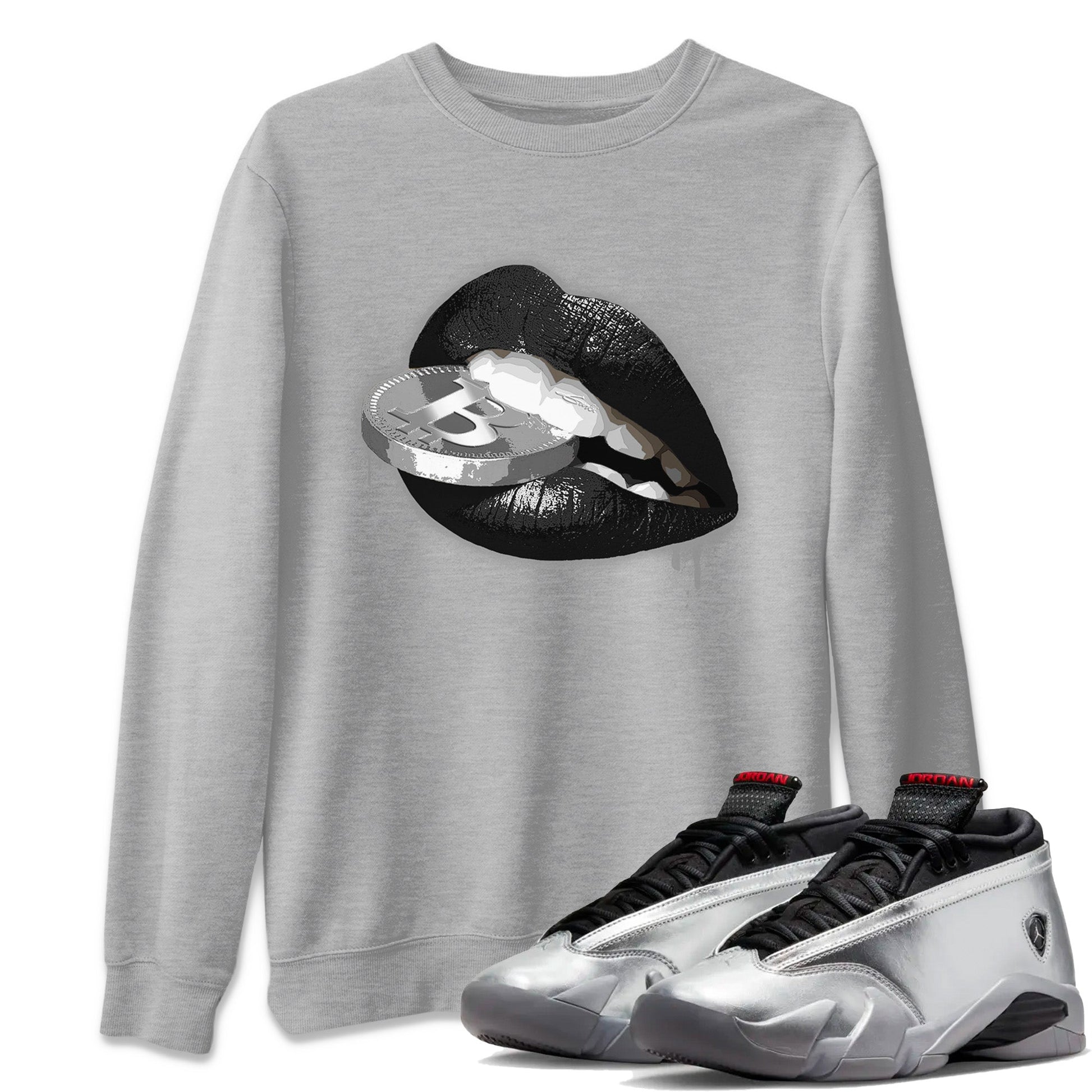 Air Jordan 14 Metallic Silver Sneaker Match Tees Lips Coin Sneaker Tees Jordan 14 WMNS Metallic Silver Sneaker Release Tees Unisex Shirts Heather Grey 1