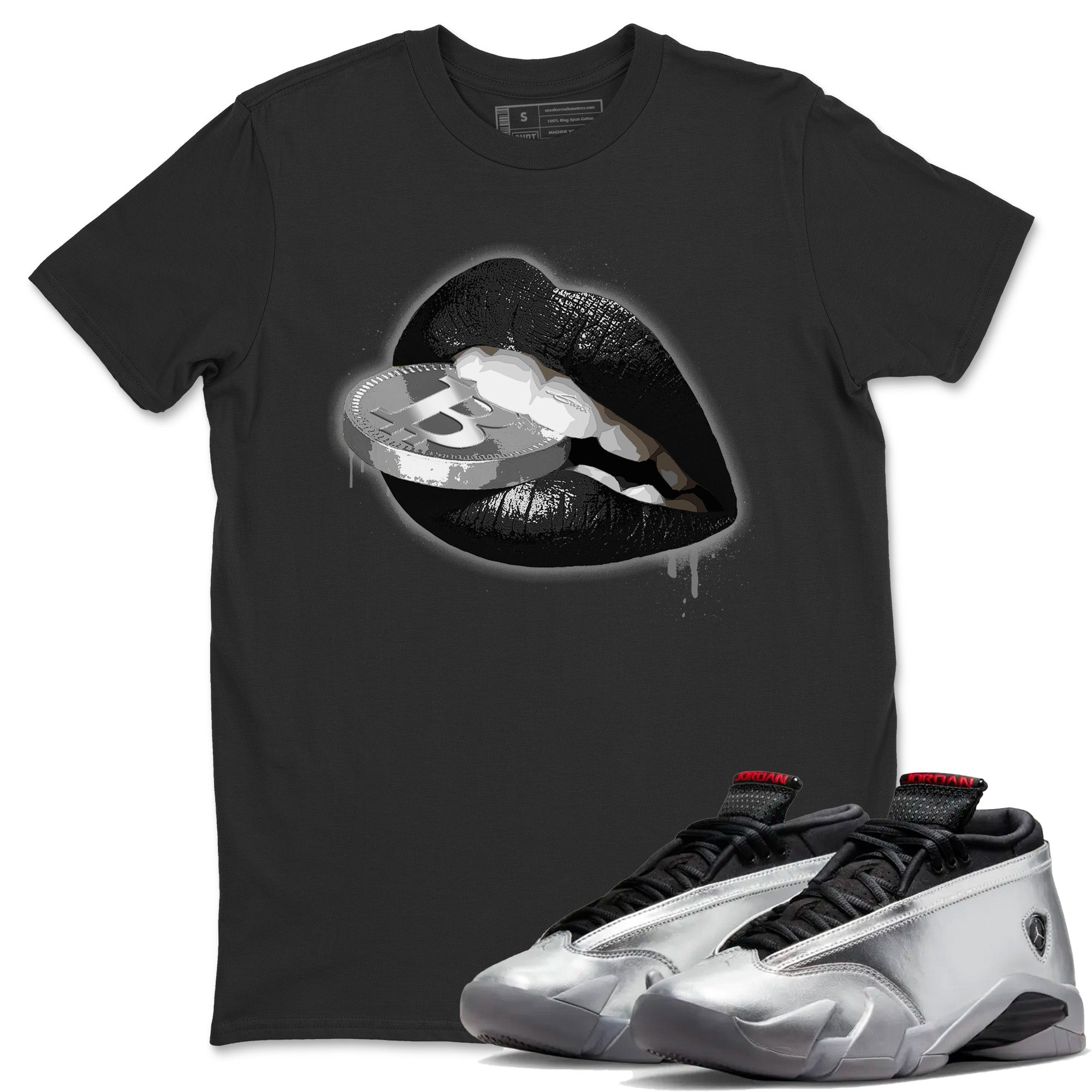 Air Jordan 14 Metallic Silver Sneaker Match Tees Lips Coin Sneaker Tees Jordan 14 WMNS Metallic Silver Sneaker Release Tees Unisex Shirts Black 1