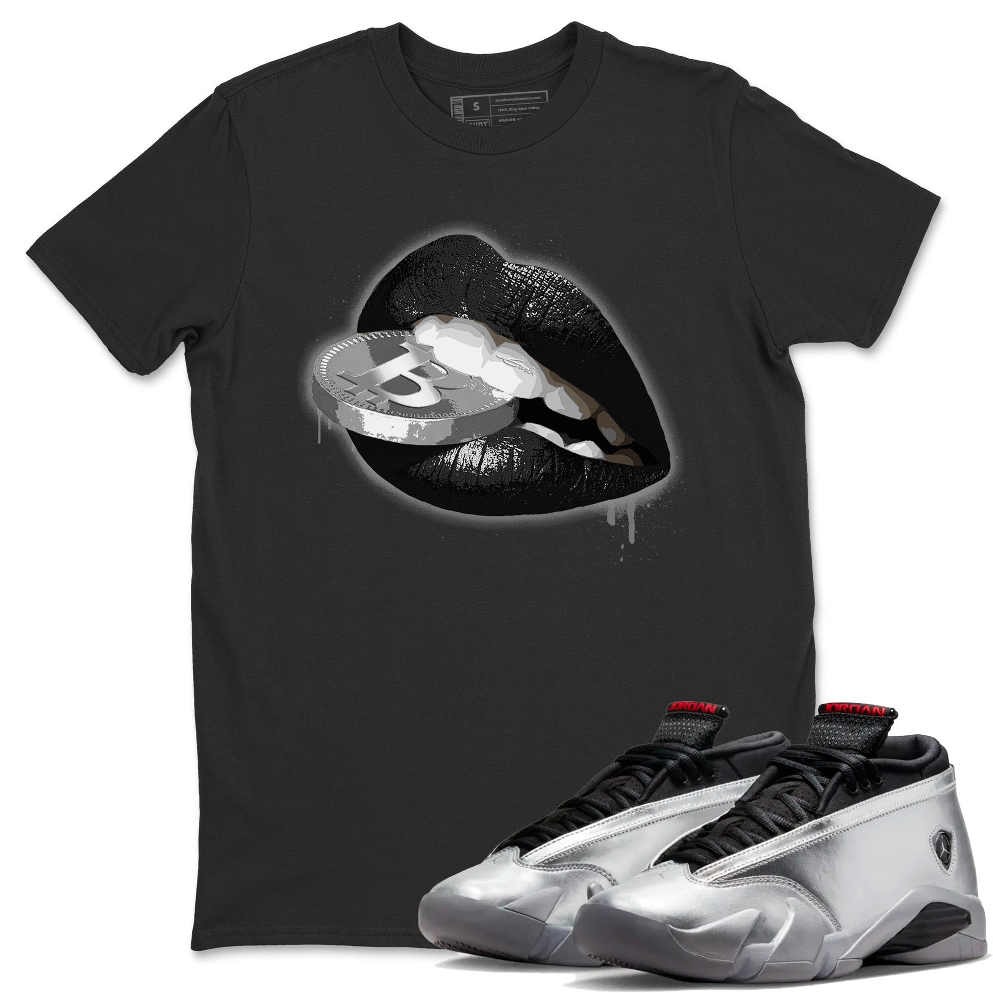 Air Jordan 14 Metallic Silver Sneaker Match Tees Lips Coin Sneaker Tees Jordan 14 WMNS Metallic Silver Sneaker Release Tees Unisex Shirts Black 1