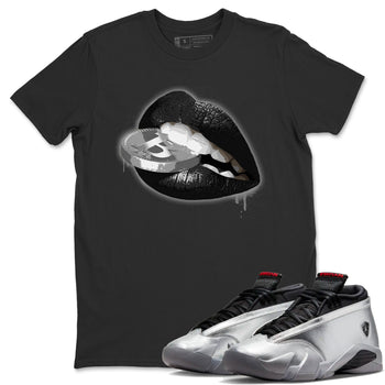 Air Jordan 14 Metallic Silver Sneaker Match Tees Lips Coin Sneaker Tees Jordan 14 WMNS Metallic Silver Sneaker Release Tees Unisex Shirts Black 1