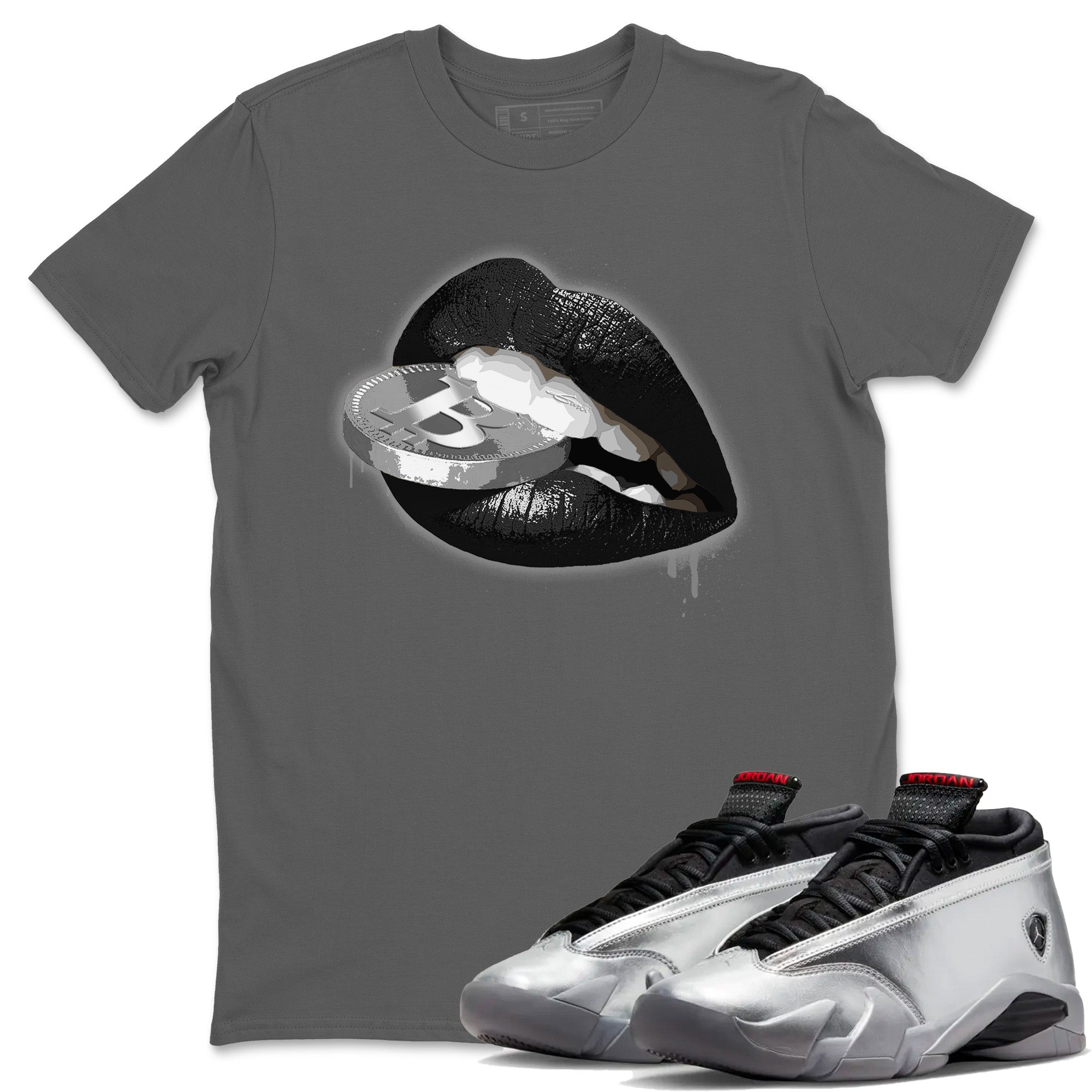 Air Jordan 14 Metallic Silver Lips Coin Crew Neck Sneaker Tees Jordan 14 WMNS Metallic Silver Sneaker T-Shirts Size Chart
