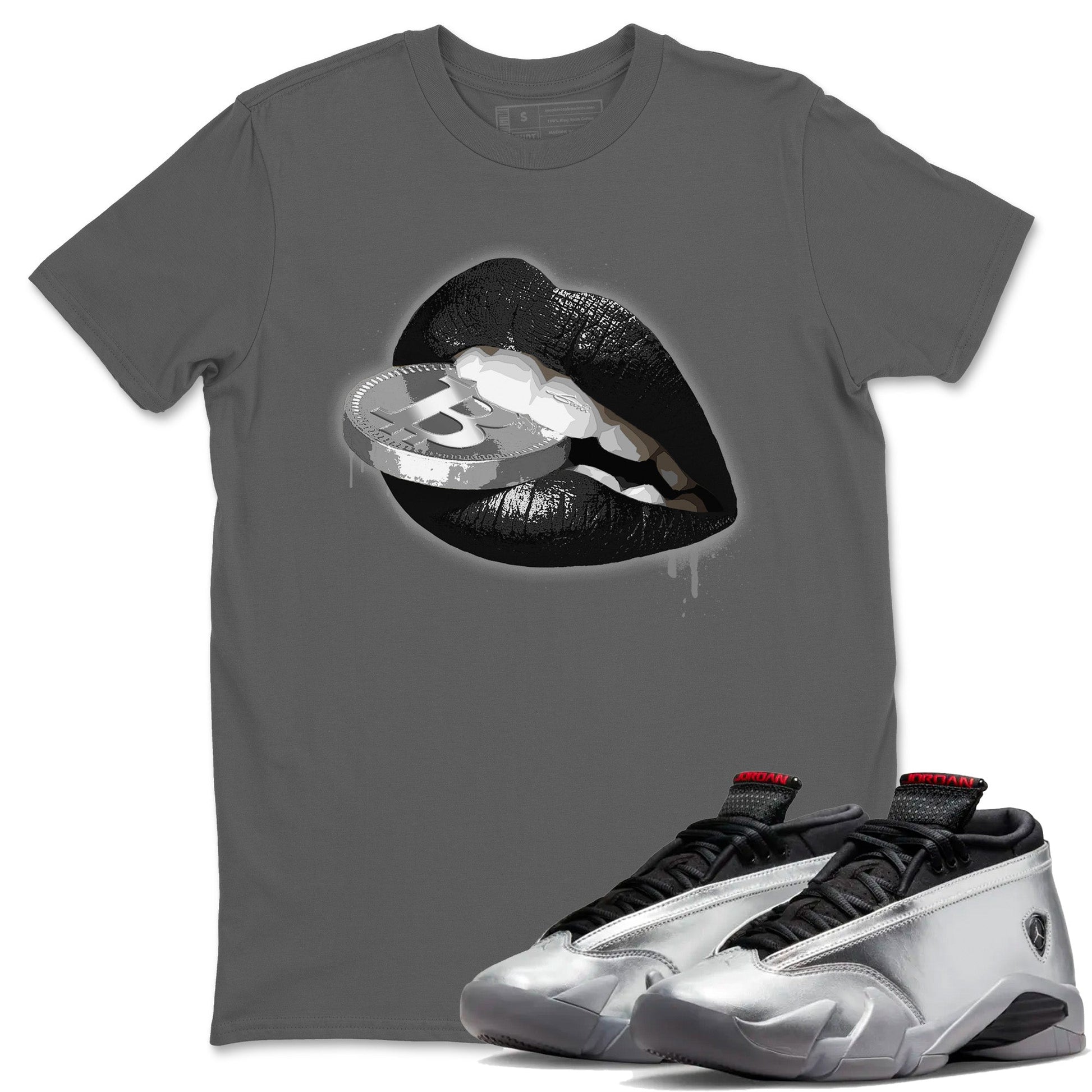 Air Jordan 14 Metallic Silver Lips Coin Crew Neck Sneaker Tees Jordan 14 WMNS Metallic Silver Sneaker T-Shirts Size Chart