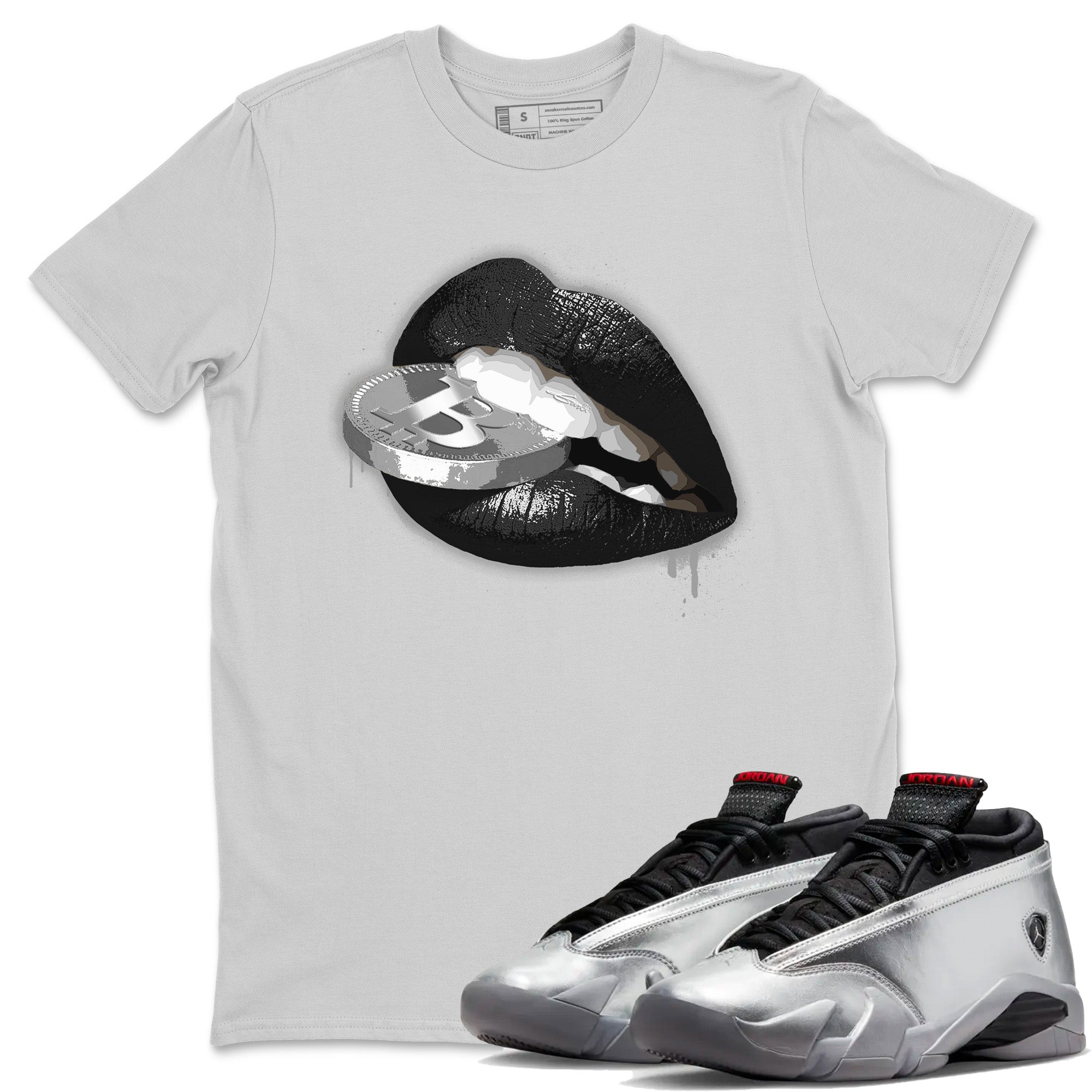 Air Jordan 14 Metallic Silver Lips Coin Crew Neck Sneaker Tees Jordan 14 WMNS Metallic Silver Sneaker T-Shirts Washing and Care Tip