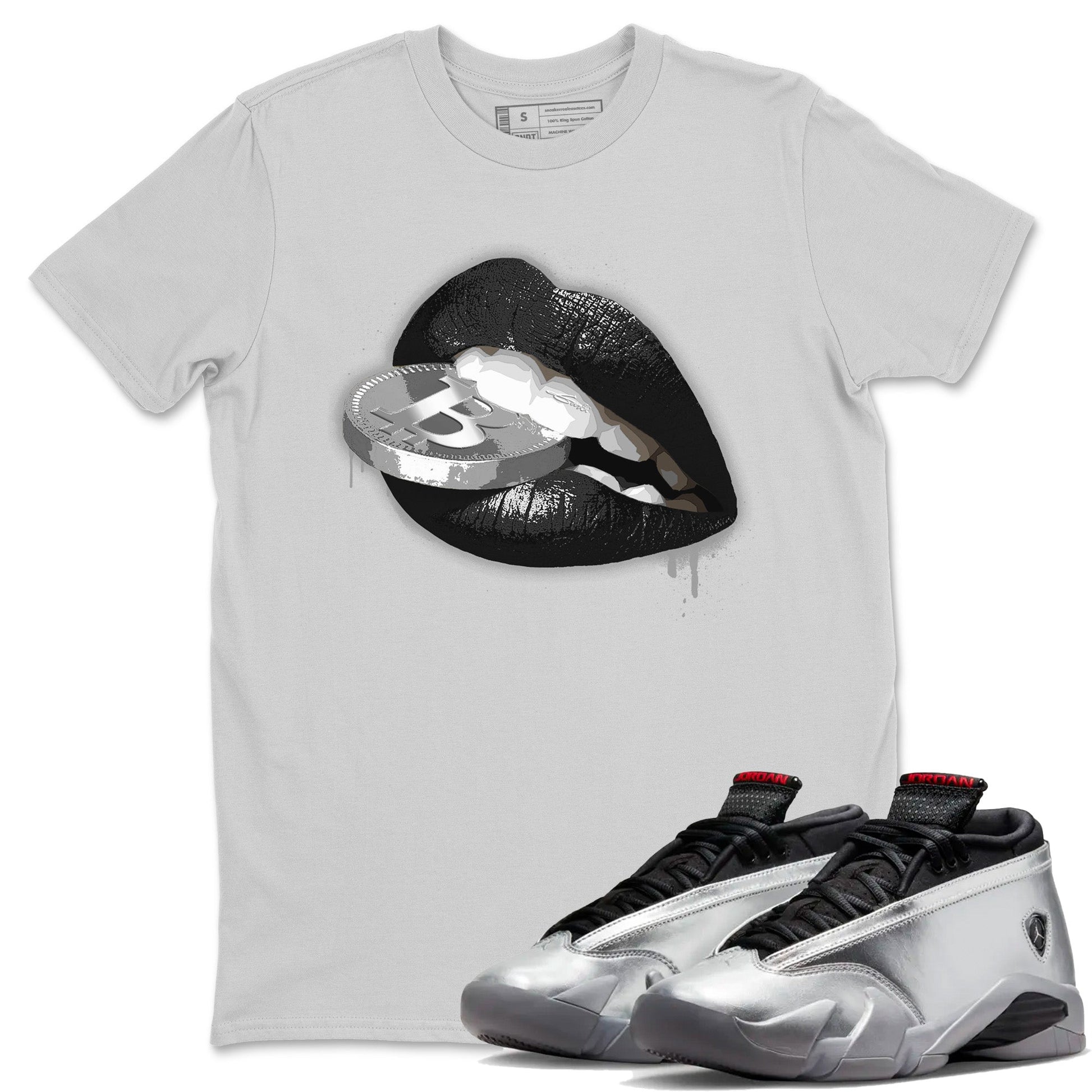Air Jordan 14 Metallic Silver Lips Coin Crew Neck Sneaker Tees Jordan 14 WMNS Metallic Silver Sneaker T-Shirts Washing and Care Tip