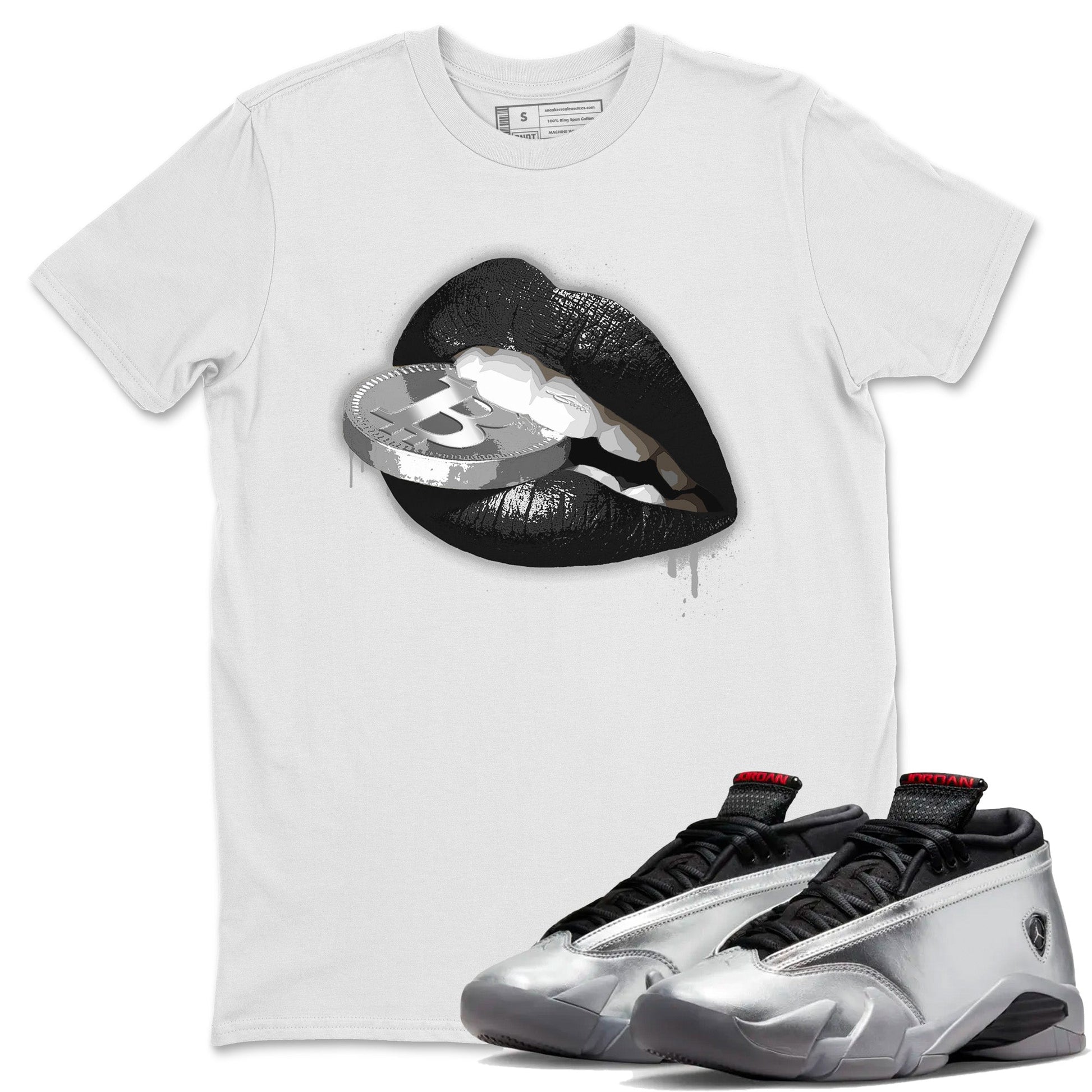 Air Jordan 14 Metallic Silver Sneaker Match Tees Lips Coin Sneaker Tees Jordan 14 WMNS Metallic Silver Sneaker Release Tees Unisex Shirts White 1
