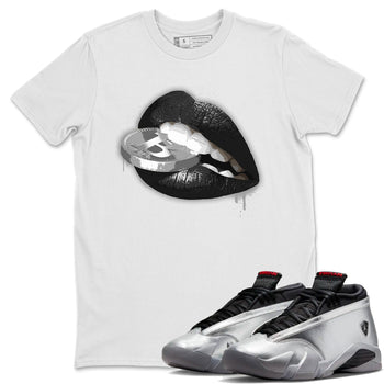 Air Jordan 14 Metallic Silver Sneaker Match Tees Lips Coin Sneaker Tees Jordan 14 WMNS Metallic Silver Sneaker Release Tees Unisex Shirts White 1