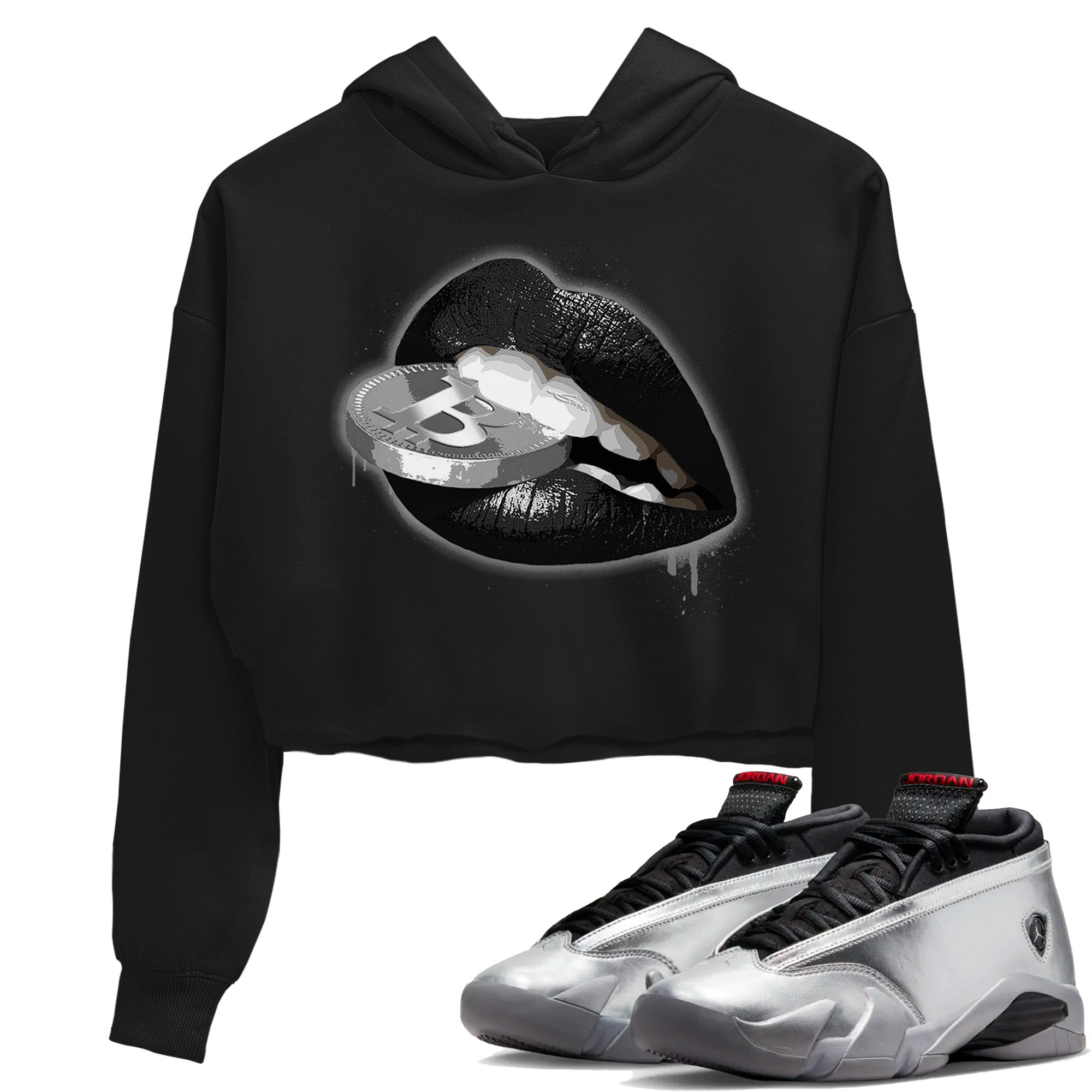 Air Jordan 14 Metallic Silver Sneaker Match Tees Lips Coin Sneaker Tees Jordan 14 WMNS Metallic Silver Sneaker Release Tees Women's Shirts Black 1