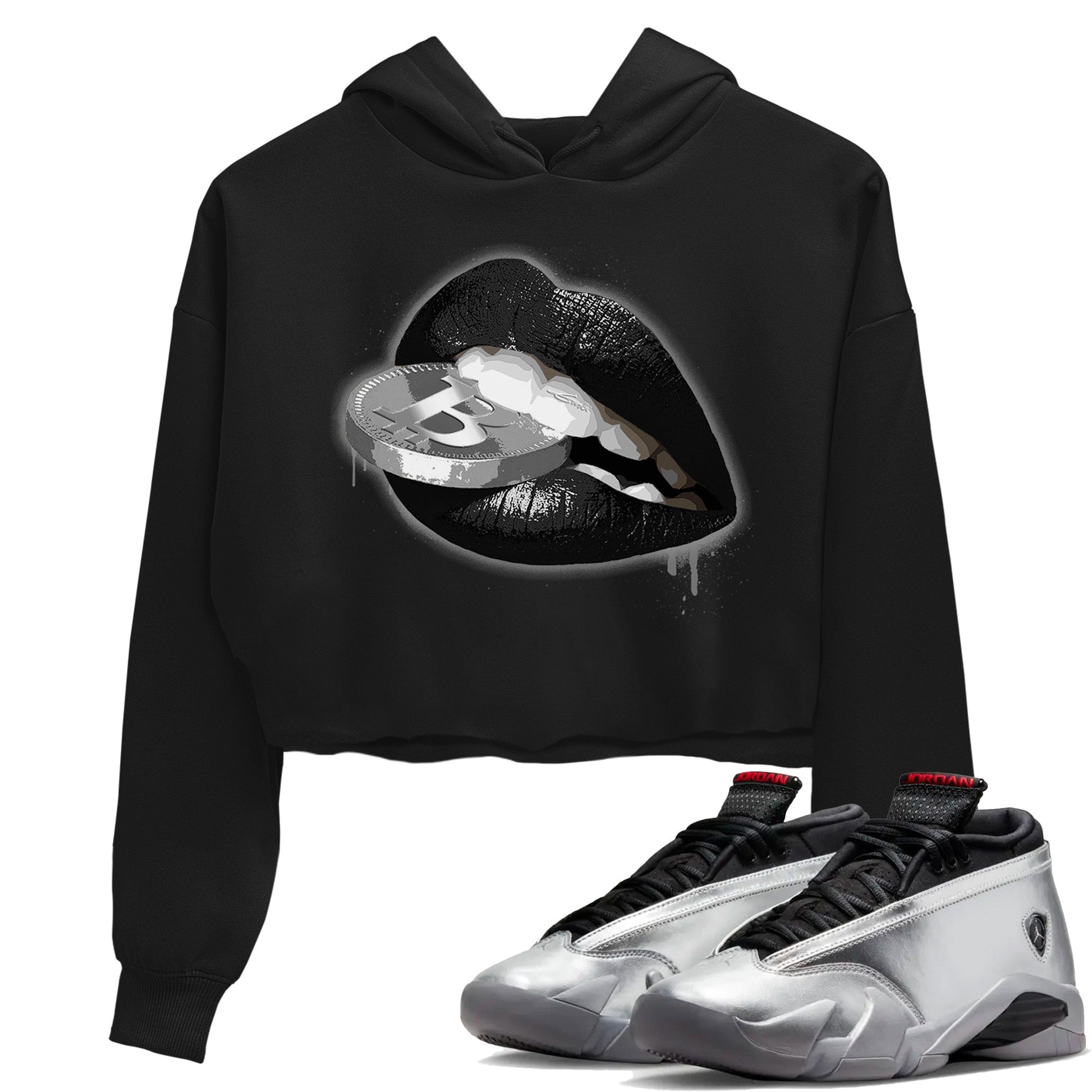 Air Jordan 14 Metallic Silver Sneaker Match Tees Lips Coin Sneaker Tees Jordan 14 WMNS Metallic Silver Sneaker Release Tees Women's Shirts Black 1