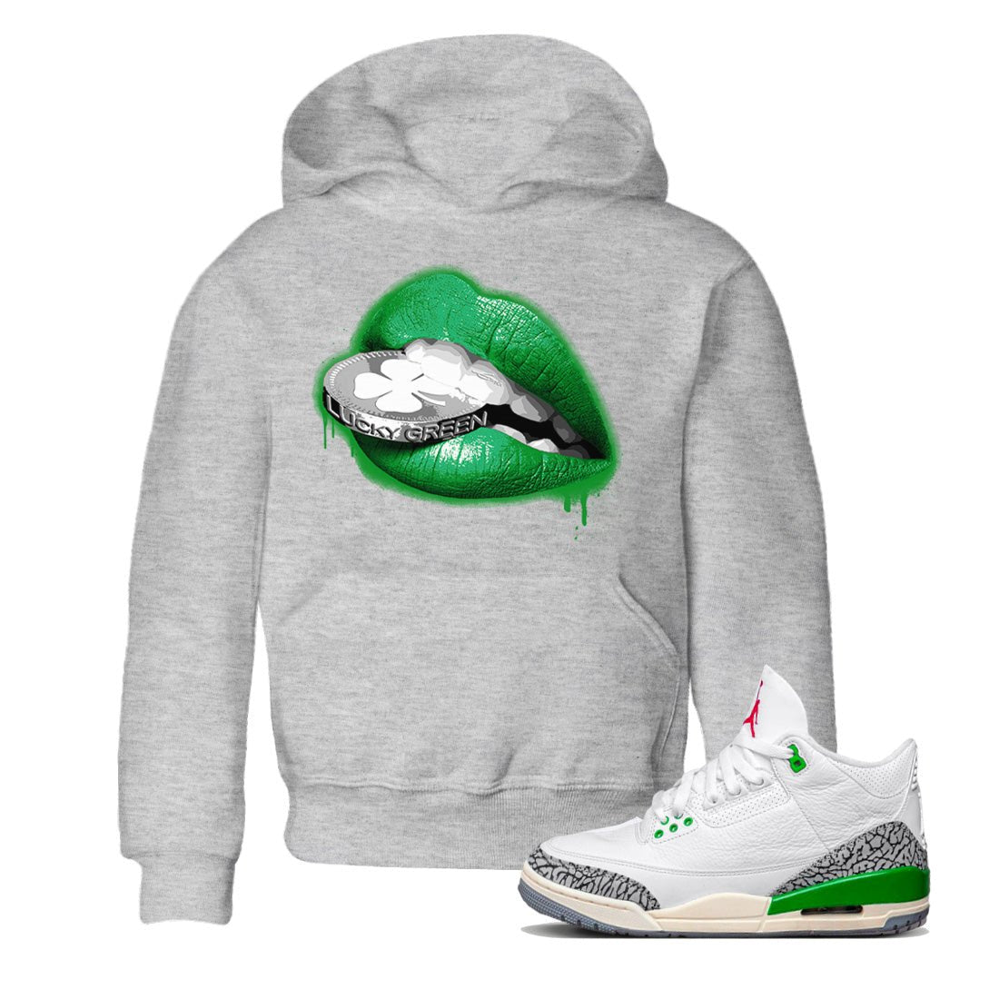 Air Jordan 3 Lucky Green Sneaker Match Tees Lips Coin Sneaker Tees Air Jordan 3 WMNS Lucky Green Sneaker Release Tees Kids Shirts Heather Grey 1