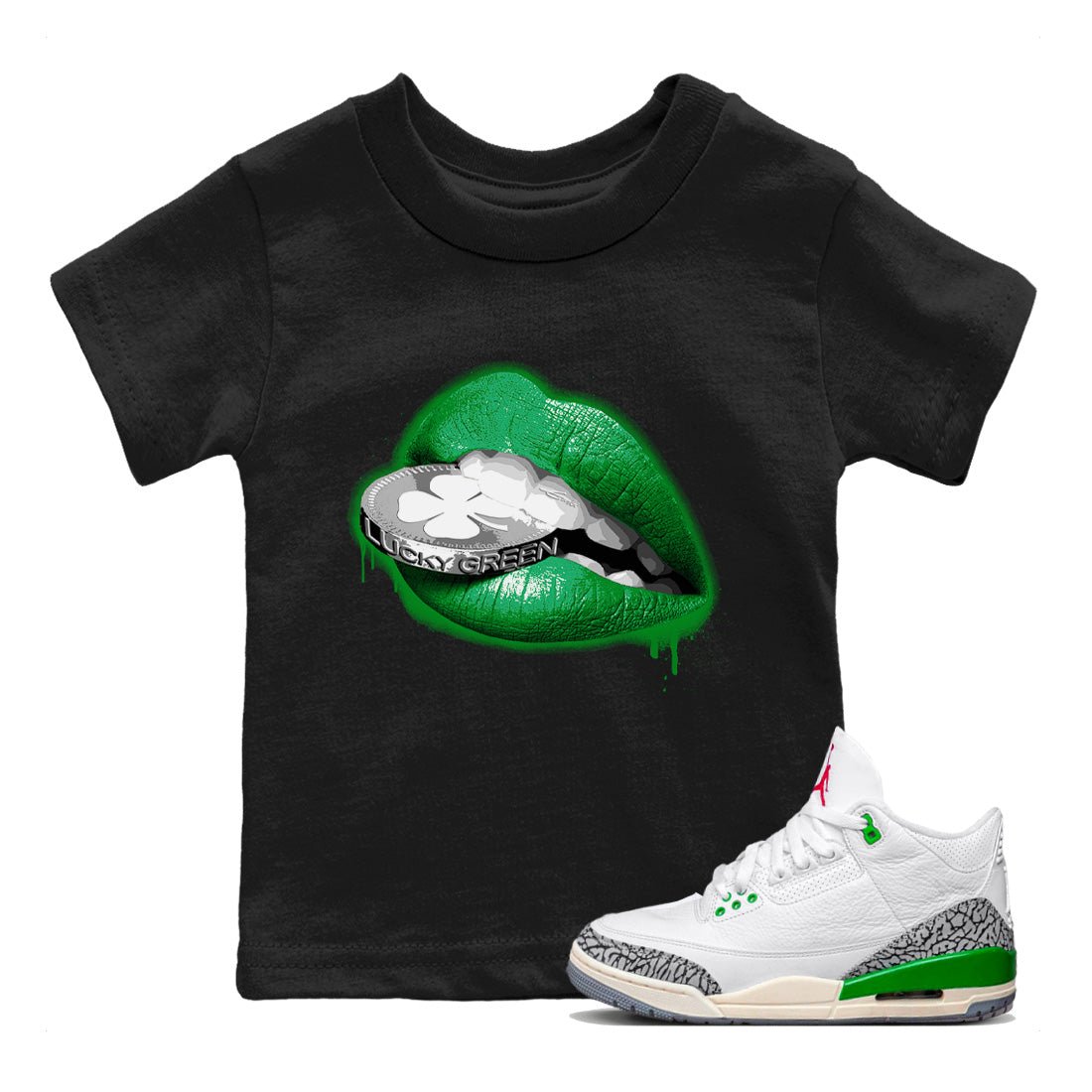 Air Jordan 3 Lucky Green Sneaker Match Tees Lips Coin Sneaker Tees Air Jordan 3 WMNS Lucky Green Sneaker Release Tees Kids Shirts Black 1