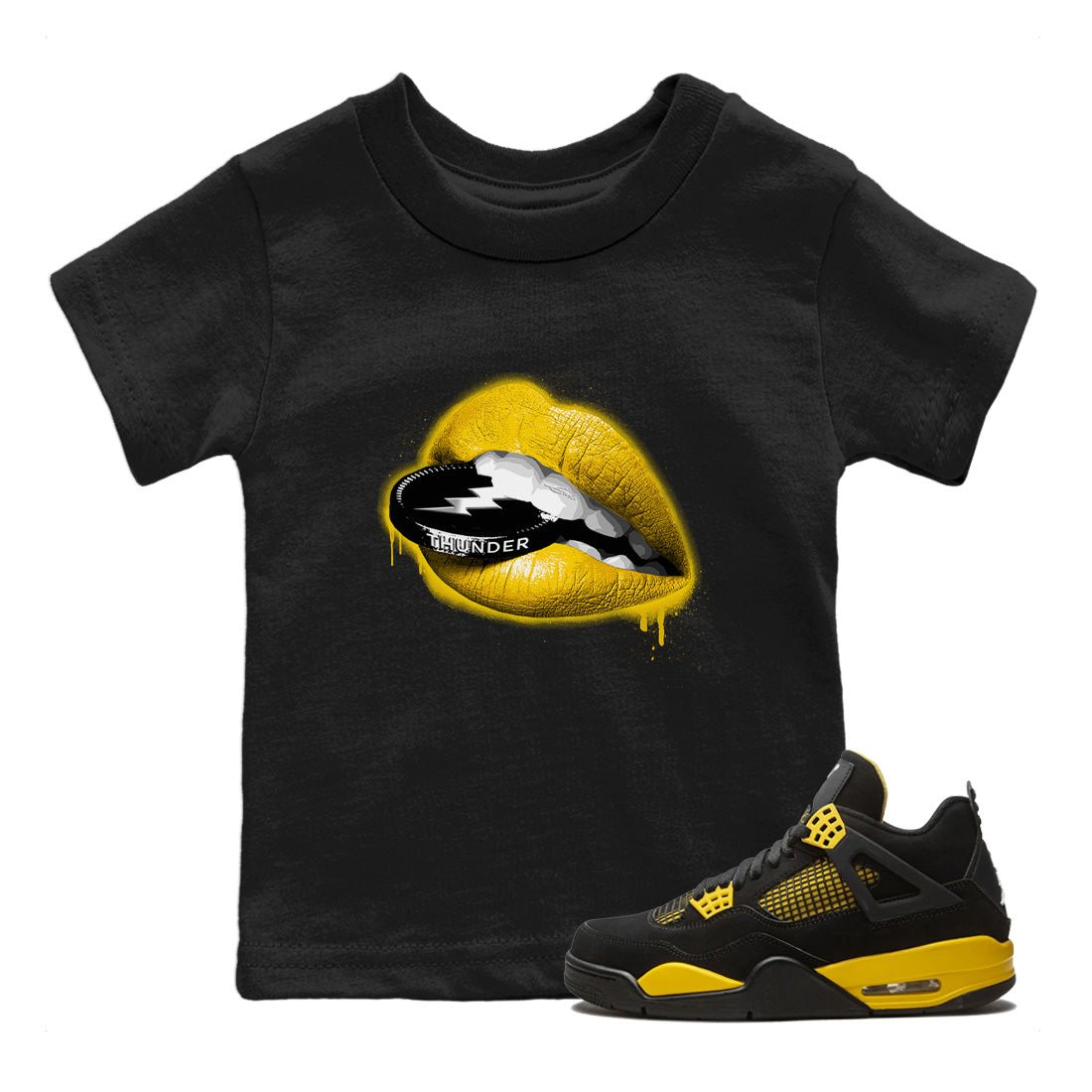 Air Jordan 4 Thunder Sneaker Match Tees Lips Coin Sneaker Tees Air Jordan 4 Retro Thunder Sneaker Release Tees Kids Shirts Black 1