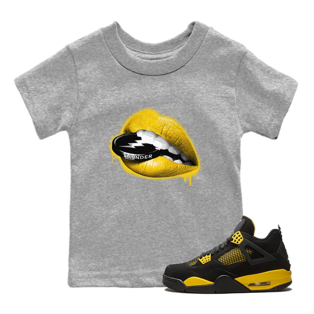 Air Jordan 4 Thunder Sneaker Match Tees Lips Coin Sneaker Tees Air Jordan 4 Retro Thunder Sneaker Release Tees Kids Shirts Heather Grey 1