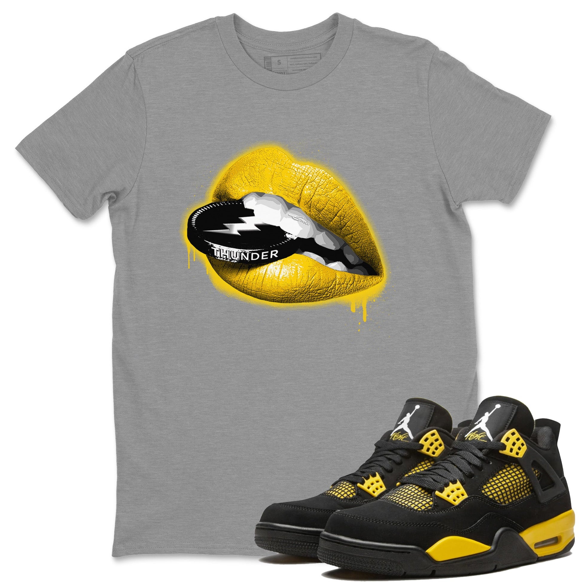 Air Jordan 4 Thunder Sneaker Match Tees Lips Coin Sneaker Tees Air Jordan 4 Retro Thunder Sneaker Release Tees Unisex Shirts Heather Grey 1