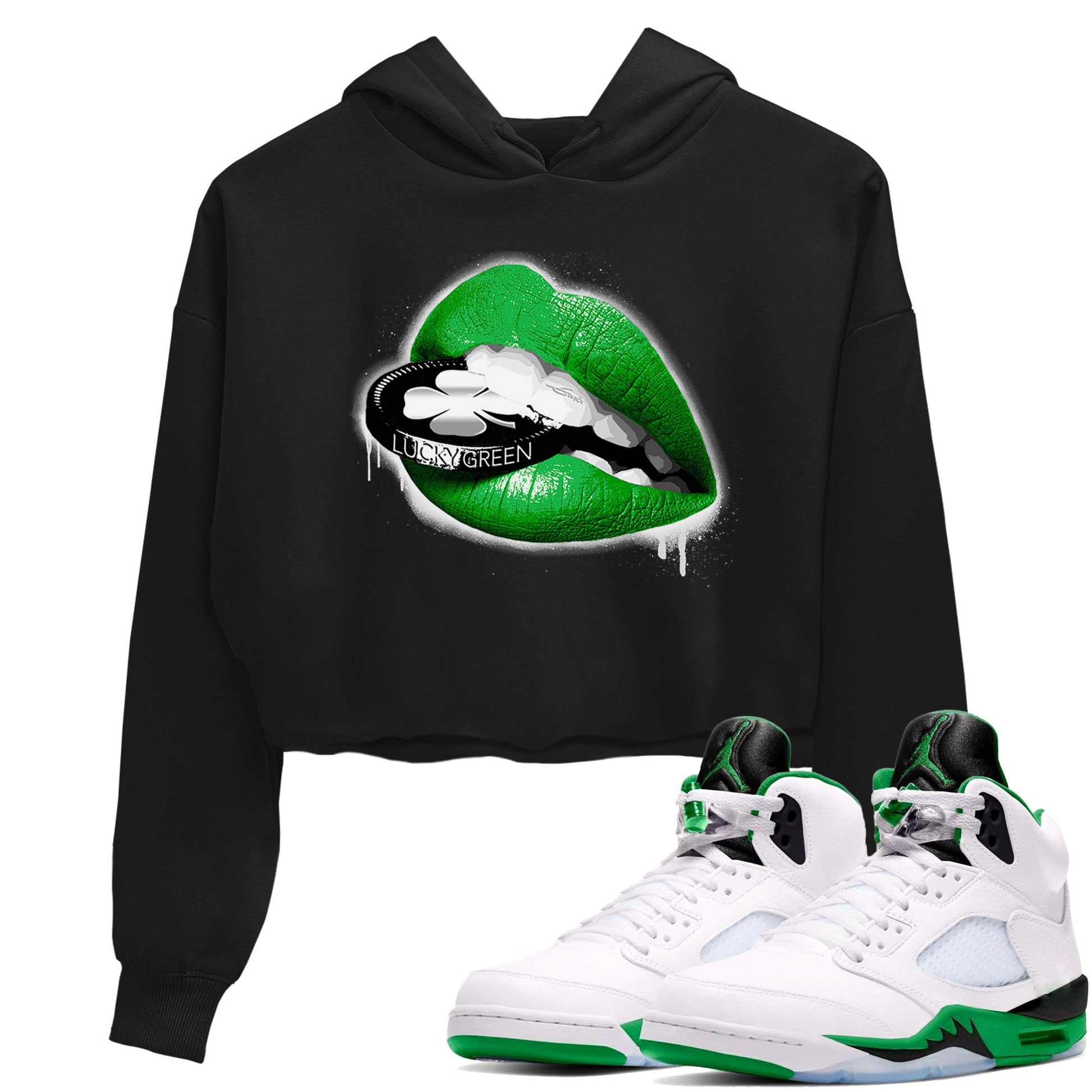 AJ5 Retro Lucky Green shirt to match jordans Lips Coin sneaker tees Air Jordan 5 Retro Lucky Green SNRT Sneaker Tees Casual Crew Neck T-Shirt Black 1 Crop T-Shirt