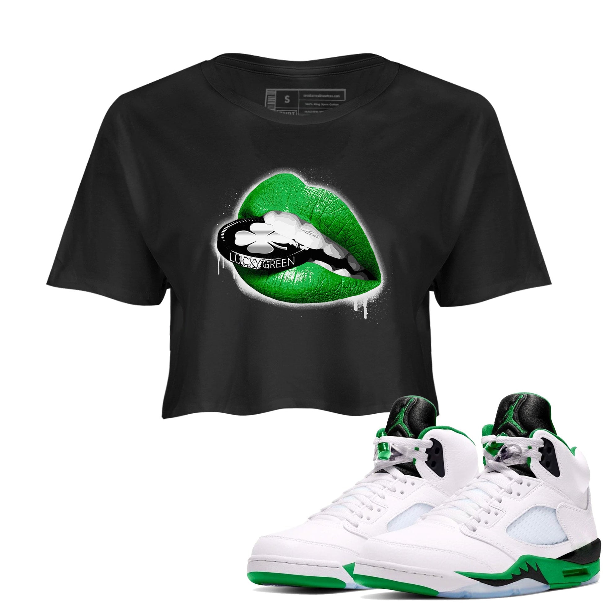 AJ5 Retro Lucky Green shirt to match jordans Lips Coin sneaker tees Air Jordan 5 Retro Lucky Green SNRT Sneaker Tees Casual Crew Neck T-Shirt Black 1 Crop T-Shirt