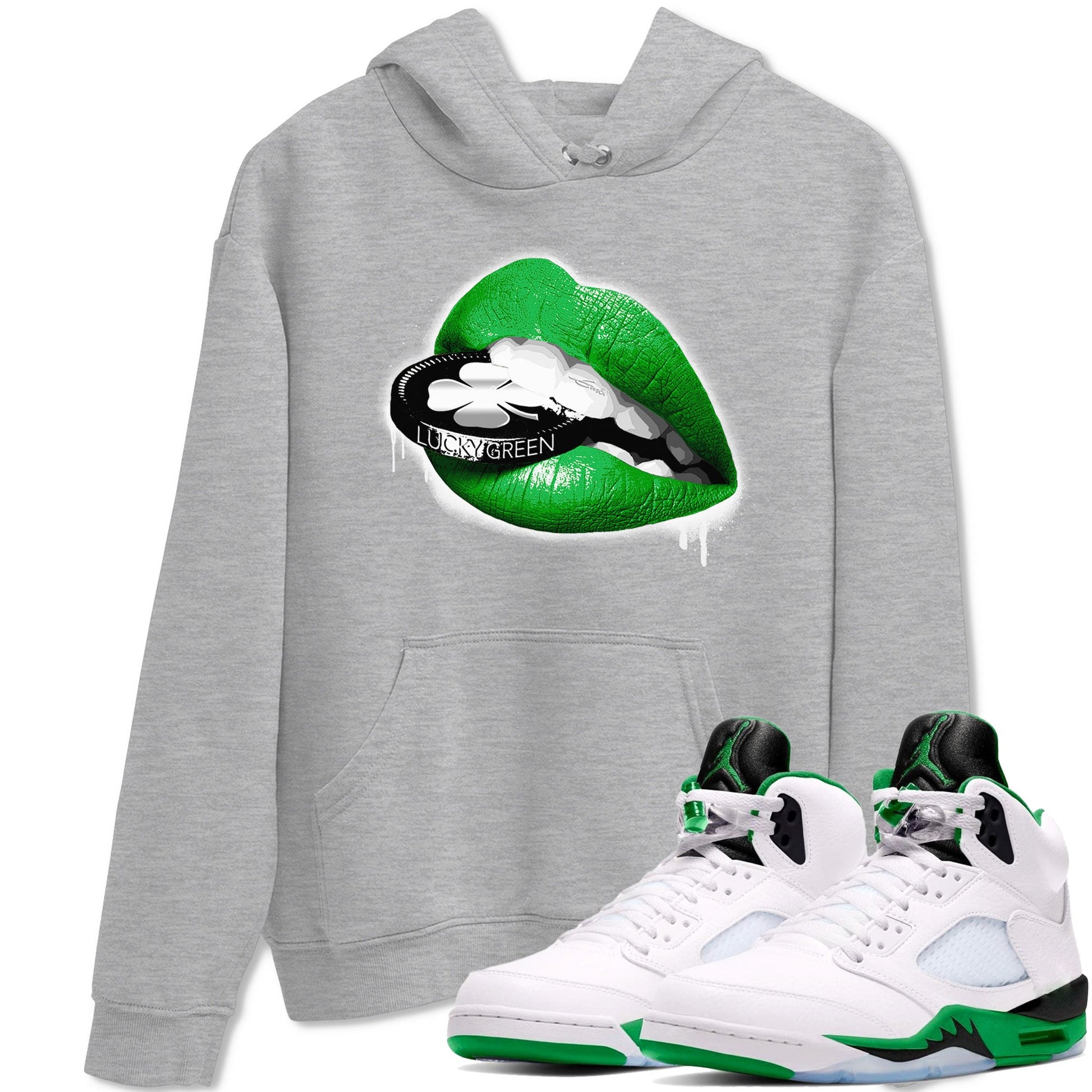 AJ5 Retro Lucky Green shirt to match jordans Lips Coin sneaker tees Air Jordan 5 Retro Lucky Green SNRT Sneaker Tees Casual Crew Neck T-Shirt Unisex Heather Grey 1 T-Shirt