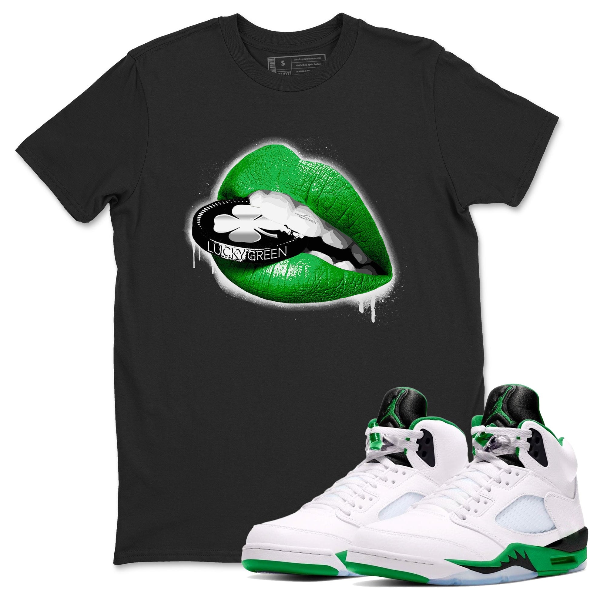 AJ5 Retro Lucky Green shirt to match jordans Lips Coin sneaker tees Air Jordan 5 Retro Lucky Green SNRT Sneaker Tees Casual Crew Neck T-Shirt Unisex Black 1 T-Shirt
