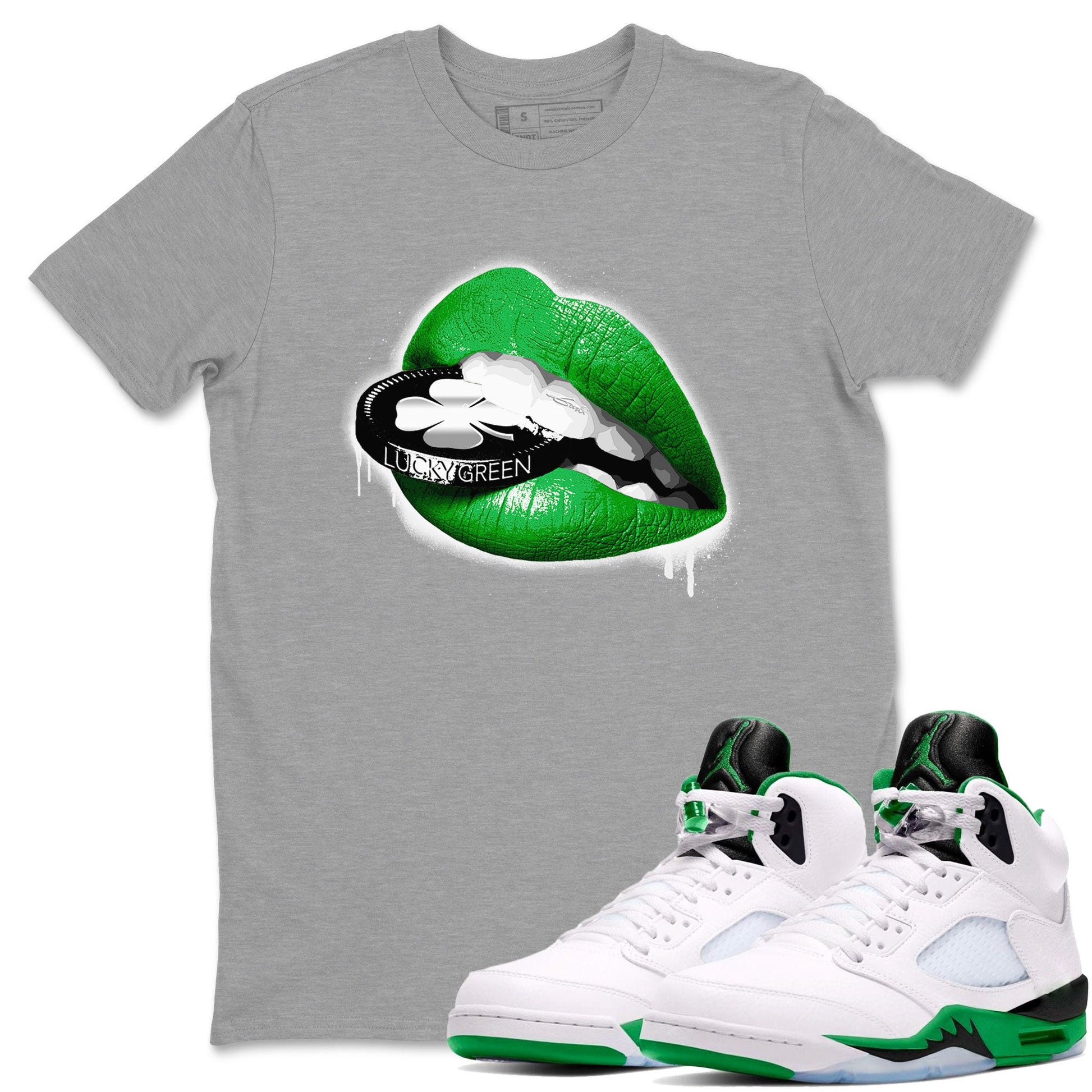 AJ5 Retro Lucky Green shirt to match jordans Lips Coin sneaker tees Air Jordan 5 Retro Lucky Green SNRT Sneaker Tees Casual Crew Neck T-Shirt Unisex Heather Grey 1 T-Shirt