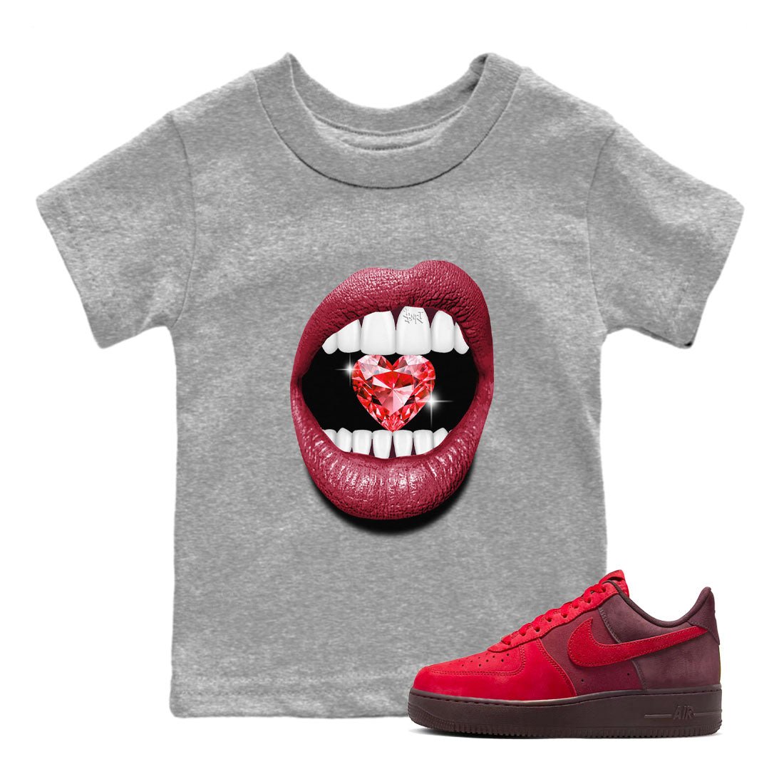 Lips Heart Diamond sneaker match tees to Special Valentine's Day street fashion brand for shirts to match Jordans SNRT Sneaker Tees Air Force 1 Valentines Day unisex t-shirt Heather Grey 1 youth shirt