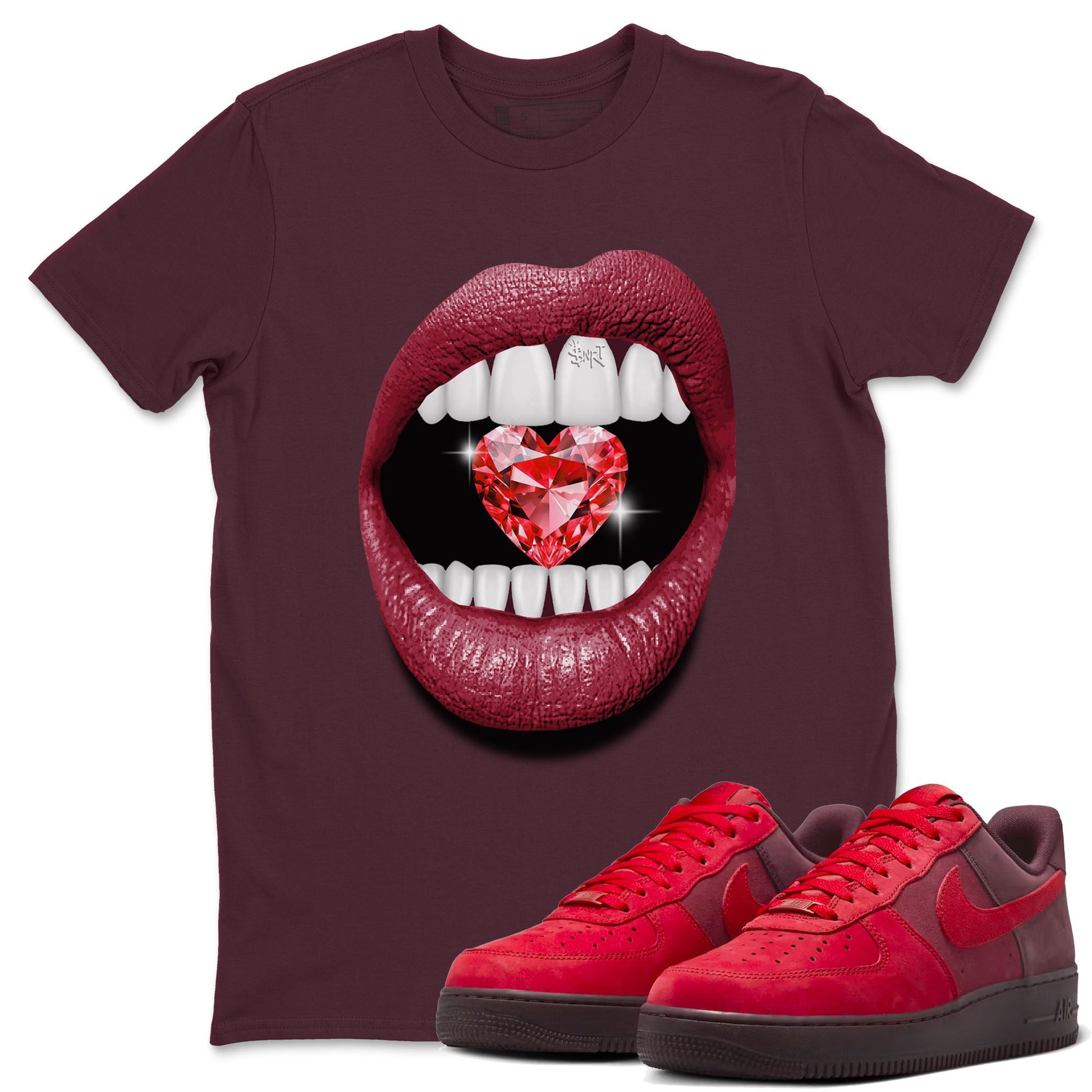 Lips Heart Diamond sneaker match tees to Special Valentine's Day street fashion brand for shirts to match Jordans SNRT Sneaker Tees Air Force 1 Valentines Day unisex t-shirt Maroon 1 unisex shirt