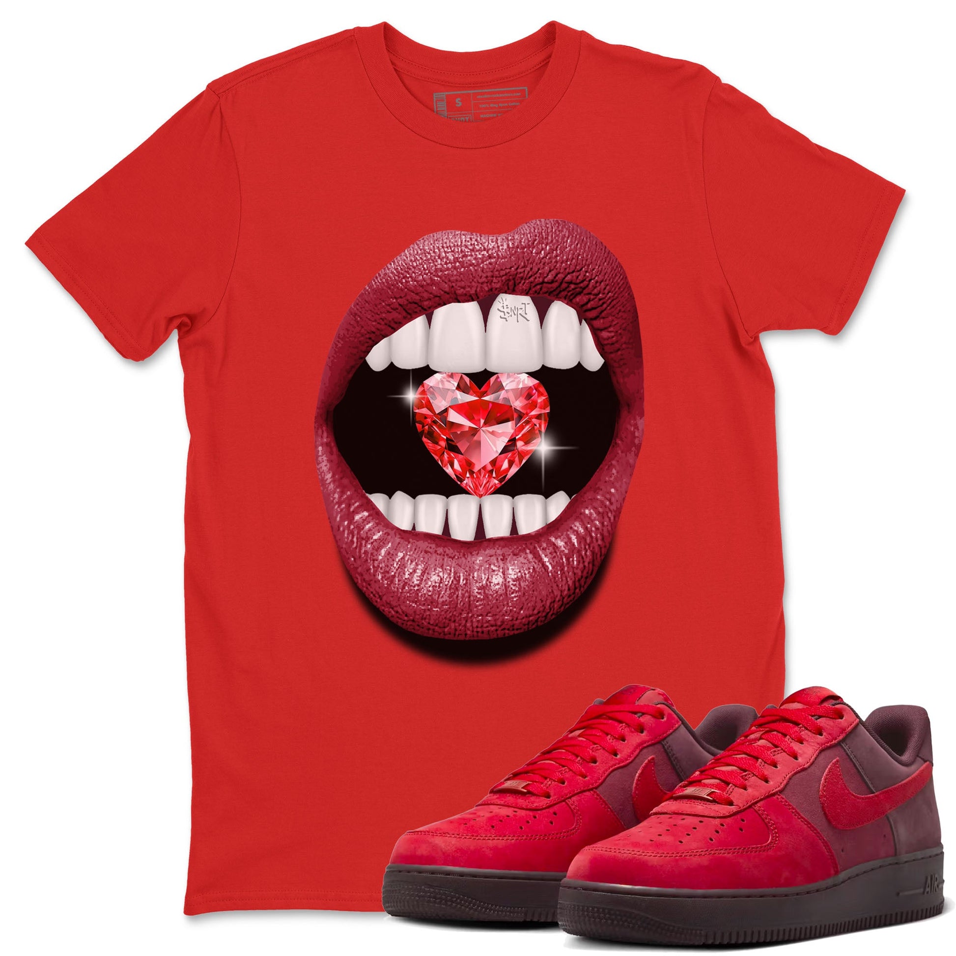 Lips Heart Diamond sneaker match tees to Special Valentine's Day street fashion brand for shirts to match Jordans SNRT Sneaker Tees Air Force 1 Valentines Day unisex t-shirt Red 1 unisex shirt