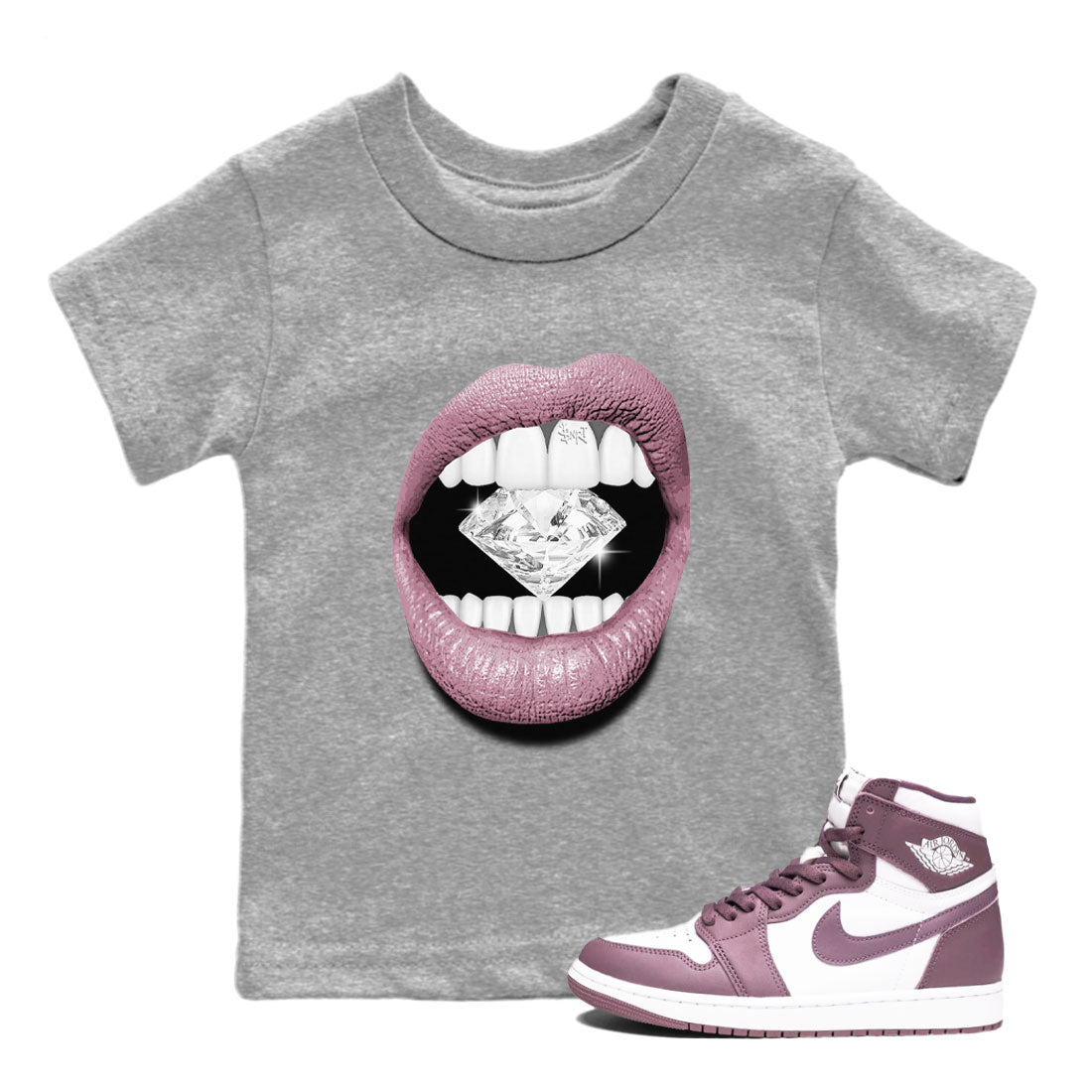 Air Jordan 1 Mauve shirt to match jordans Lips Diamond sneaker tees AJ1 High OG Mauve SNRT Sneaker Release Tees Crew Neck T-ShirtBaby Toddler Heather Grey 1 T-Shirt