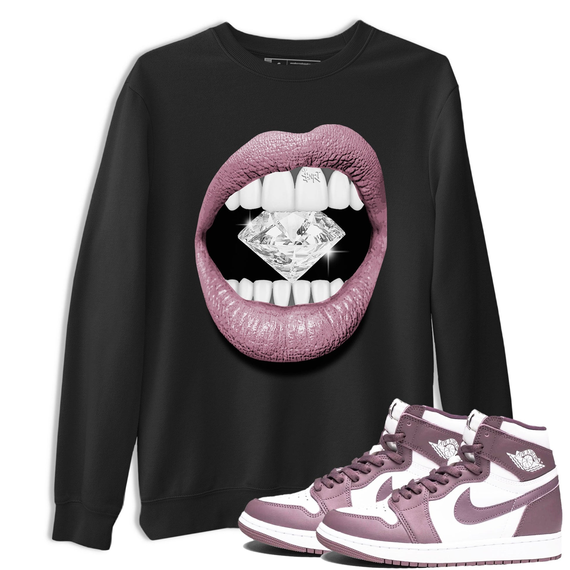 Air Jordan 1 Mauve shirt to match jordans Lips Diamond sneaker tees AJ1 High OG Mauve SNRT Sneaker Release Tees Crew Neck T-ShirtUnisex Black 1 T-Shirt