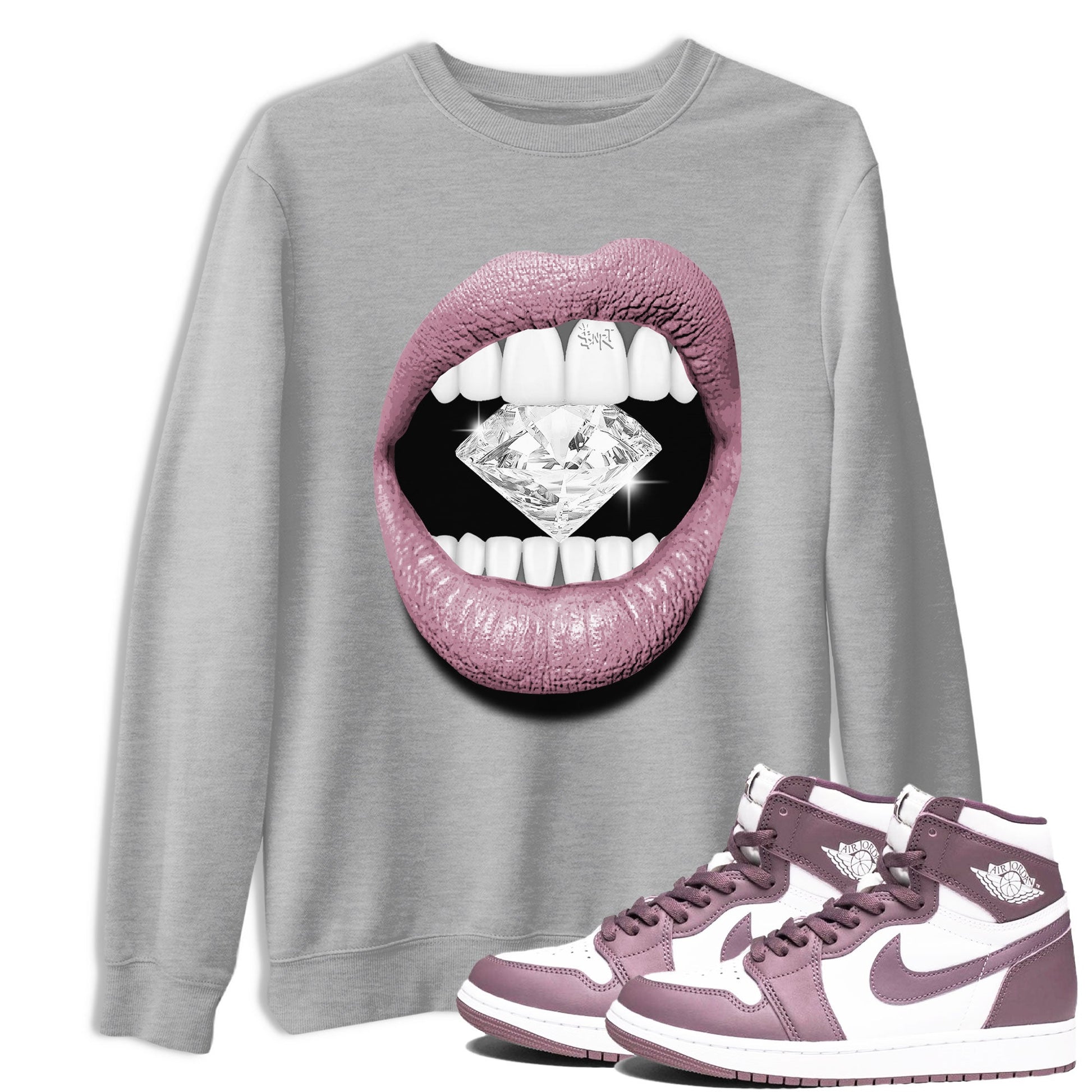 Air Jordan 1 Mauve shirt to match jordans Lips Diamond sneaker tees AJ1 High OG Mauve SNRT Sneaker Release Tees Crew Neck T-ShirtUnisex Heather Grey 1 T-Shirt