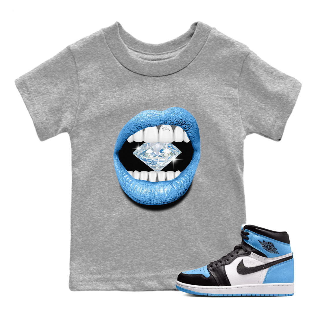Air Jordan 1 Retro High OG UNC Toe Shirt to match Jordans Lips Diamond Sneaker Tees Air Jordan 1 High OG UNC Toe Tees Kids and Baby Tees Heather Grey 1