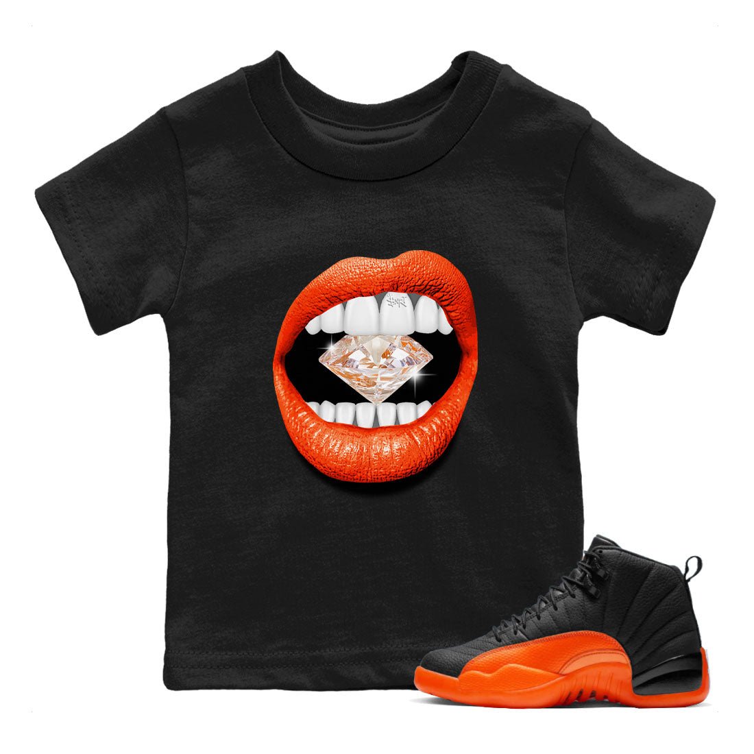 Air Jordan 12 Brilliant Orange Sneaker Match Tees Lips Diamond Sneaker Tees Air Jordan 12 WMNS Brilliant Orange Tees Kids Shirts Black 1