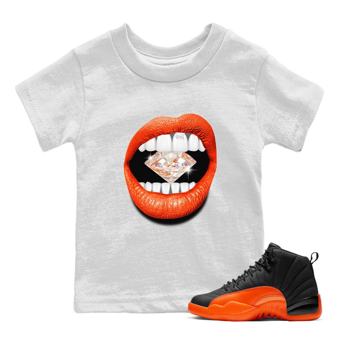 Air Jordan 12 Brilliant Orange Sneaker Match Tees Lips Diamond Sneaker Tees Air Jordan 12 WMNS Brilliant Orange Tees Kids Shirts White 1