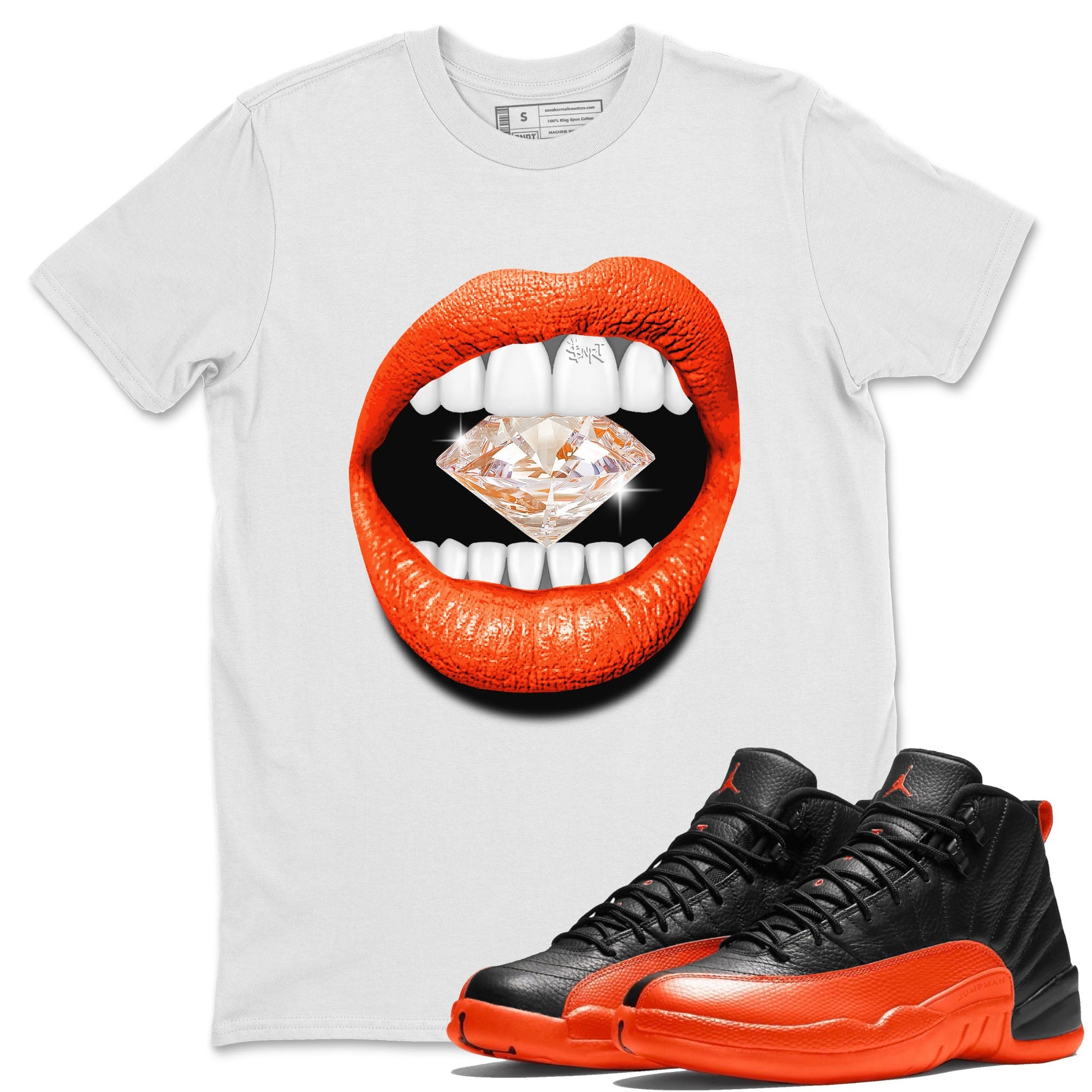 Air Jordan 12 Brilliant Orange Sneaker Match Tees Lips Diamond Sneaker Tees Air Jordan 12 WMNS Brilliant Orange Tees Unisex Shirts White 1