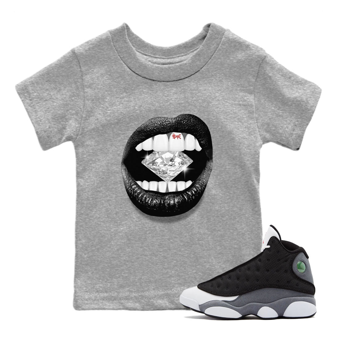 Air Jordan 13 Black Flint Sneaker Match Tees Lips Diamond Sneaker Tees Air Jordan 13 Retro Black Flint Tees Kids Shirts Heather Grey 1