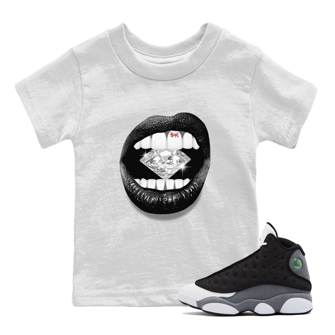 Air Jordan 13 Black Flint Sneaker Match Tees Lips Diamond Sneaker Tees Air Jordan 13 Retro Black Flint Tees Kids Shirts White 1