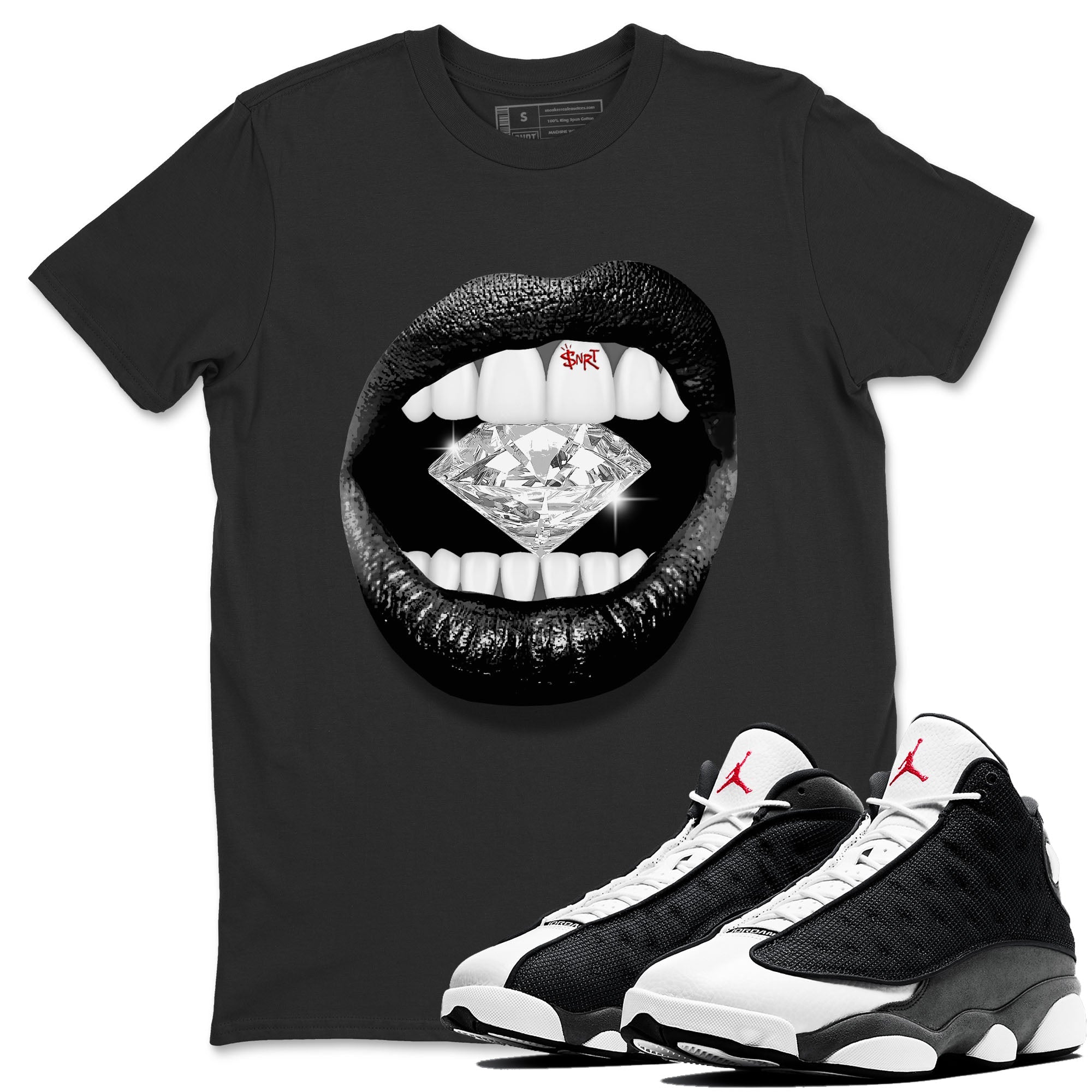Air Jordan 13 Black Flint Sneaker Match Tees Lips Diamond Sneaker Tees Air Jordan 13 Retro Black Flint Tees Unisex Shirts Black 1