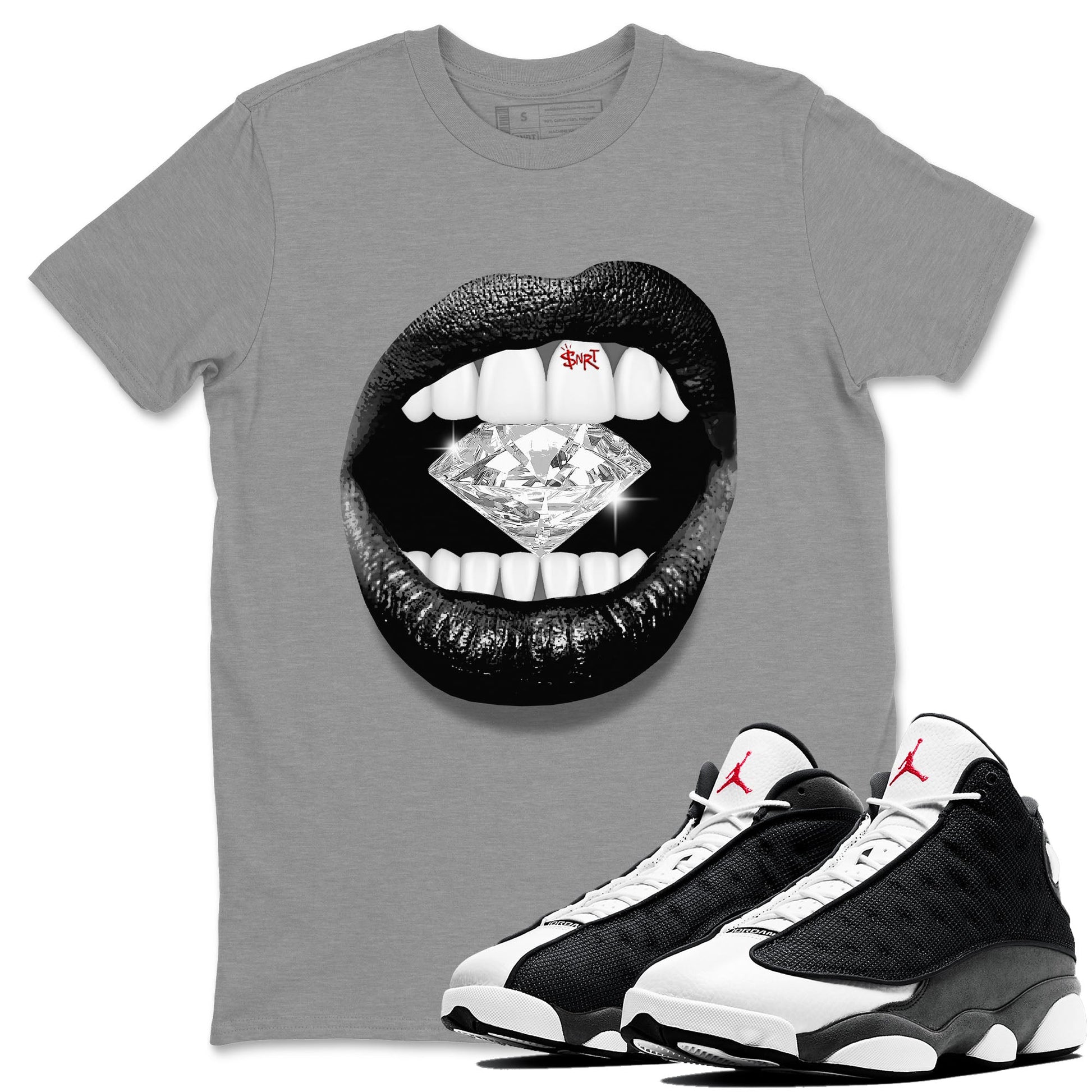 Air Jordan 13 Black Flint Sneaker Match Tees Lips Diamond Sneaker Tees Air Jordan 13 Retro Black Flint Tees Unisex Shirts Heather Grey 1