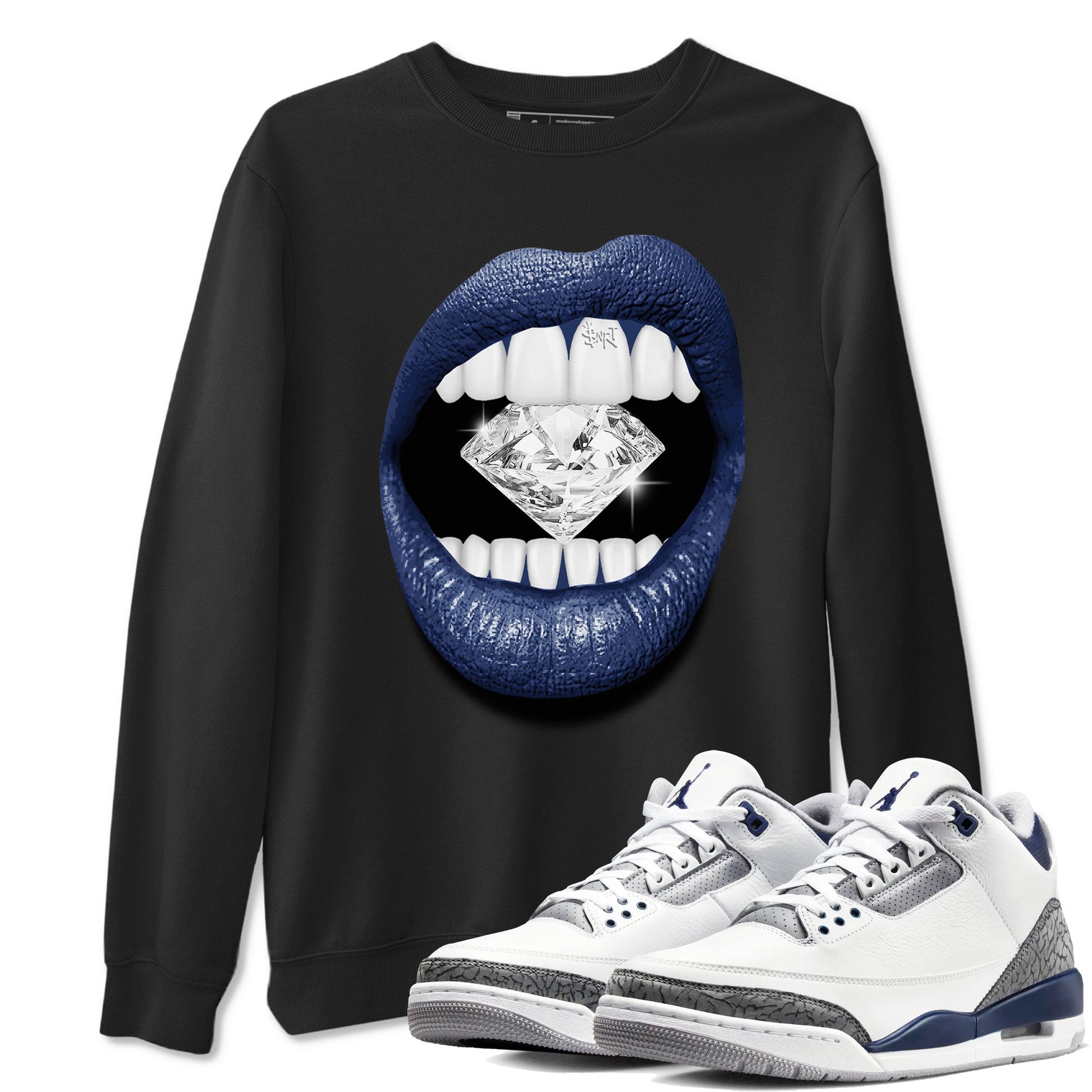 Air Jordan 3 Midnight Navy shirt to match jordans Lips Diamond sneaker tees 3s Midnight Navy SNRT Sneaker T Shirt  unisex cotton Black 1 crew neck shirt
