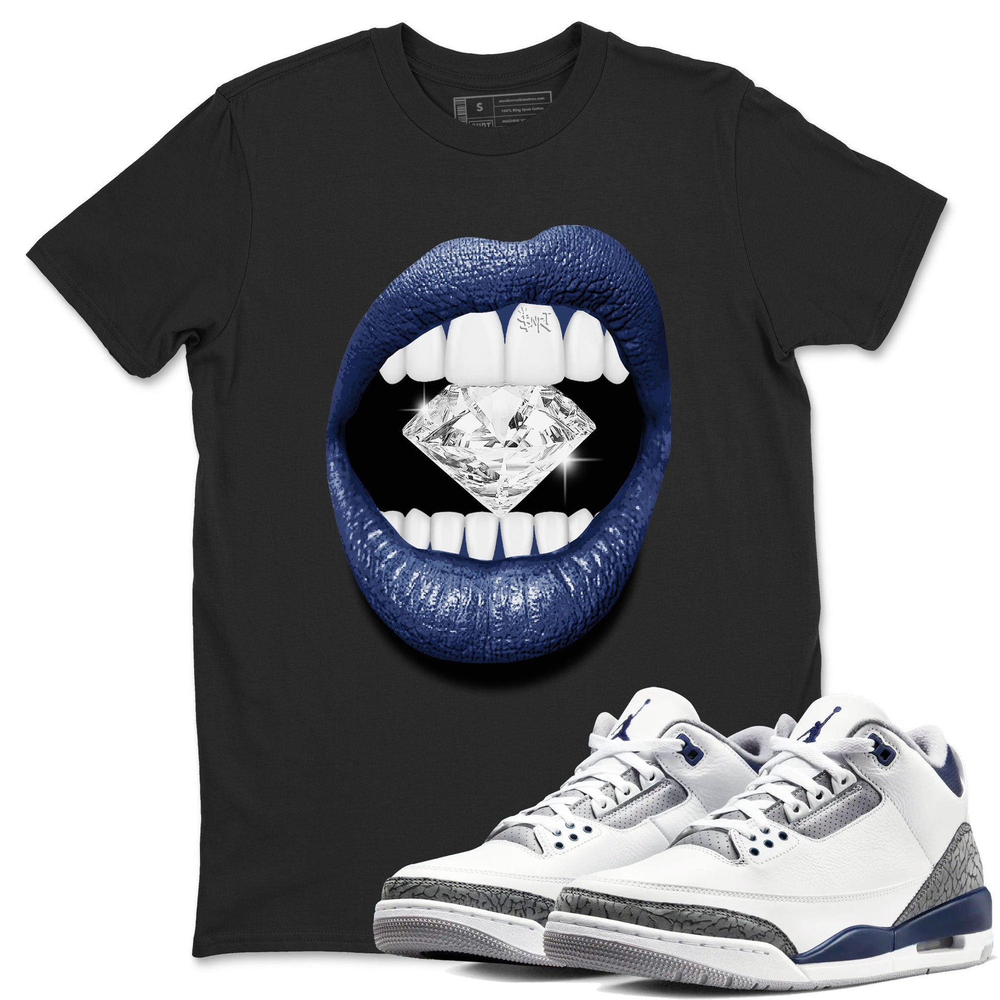 Air Jordan 3 Midnight Navy shirt to match jordans Lips Diamond sneaker tees 3s Midnight Navy SNRT Sneaker T Shirt  unisex cotton Black 1 crew neck shirt