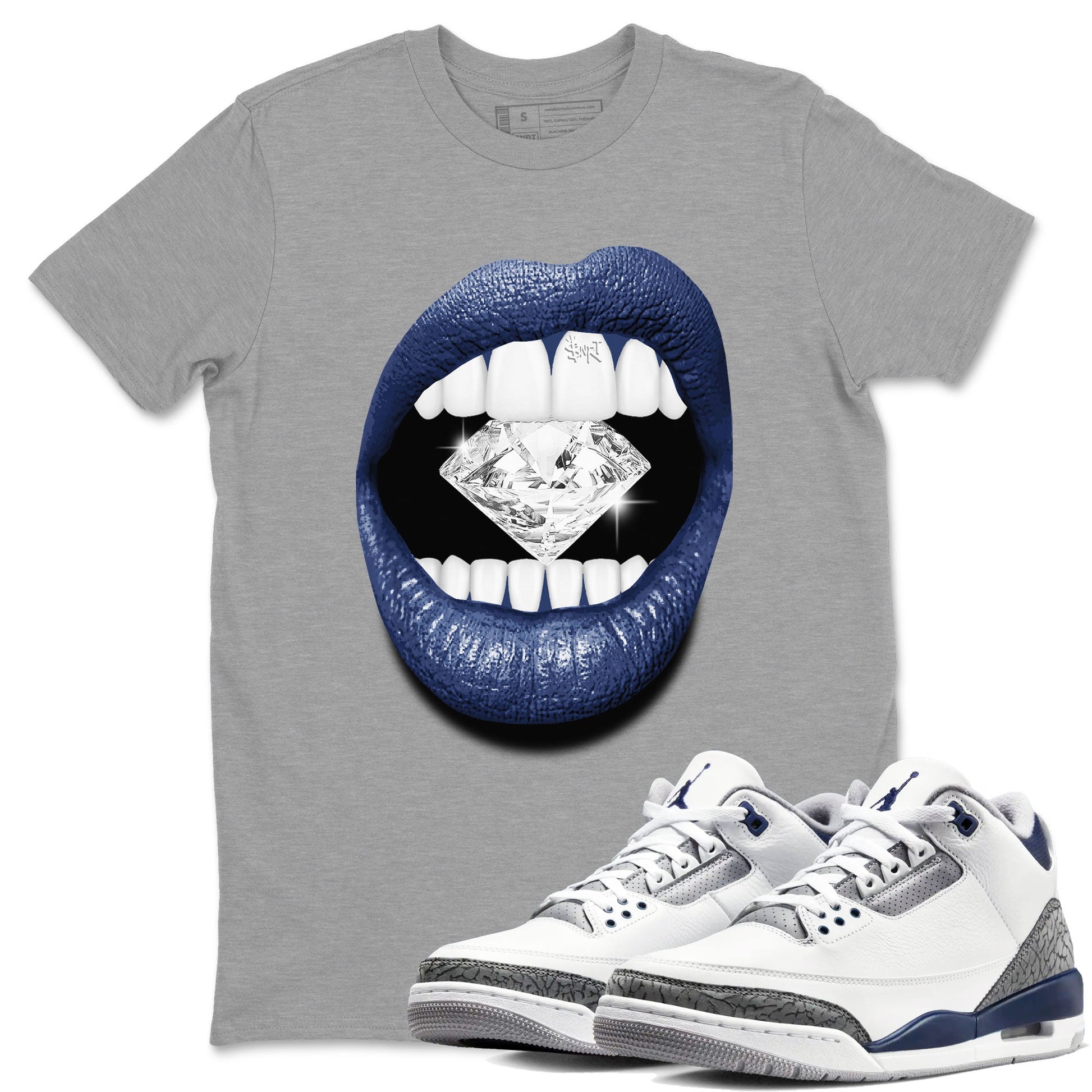Air Jordan 3 Midnight Navy shirt to match jordans Lips Diamond sneaker tees 3s Midnight Navy SNRT Sneaker T Shirt  unisex cotton Heather Grey 1 crew neck shirt