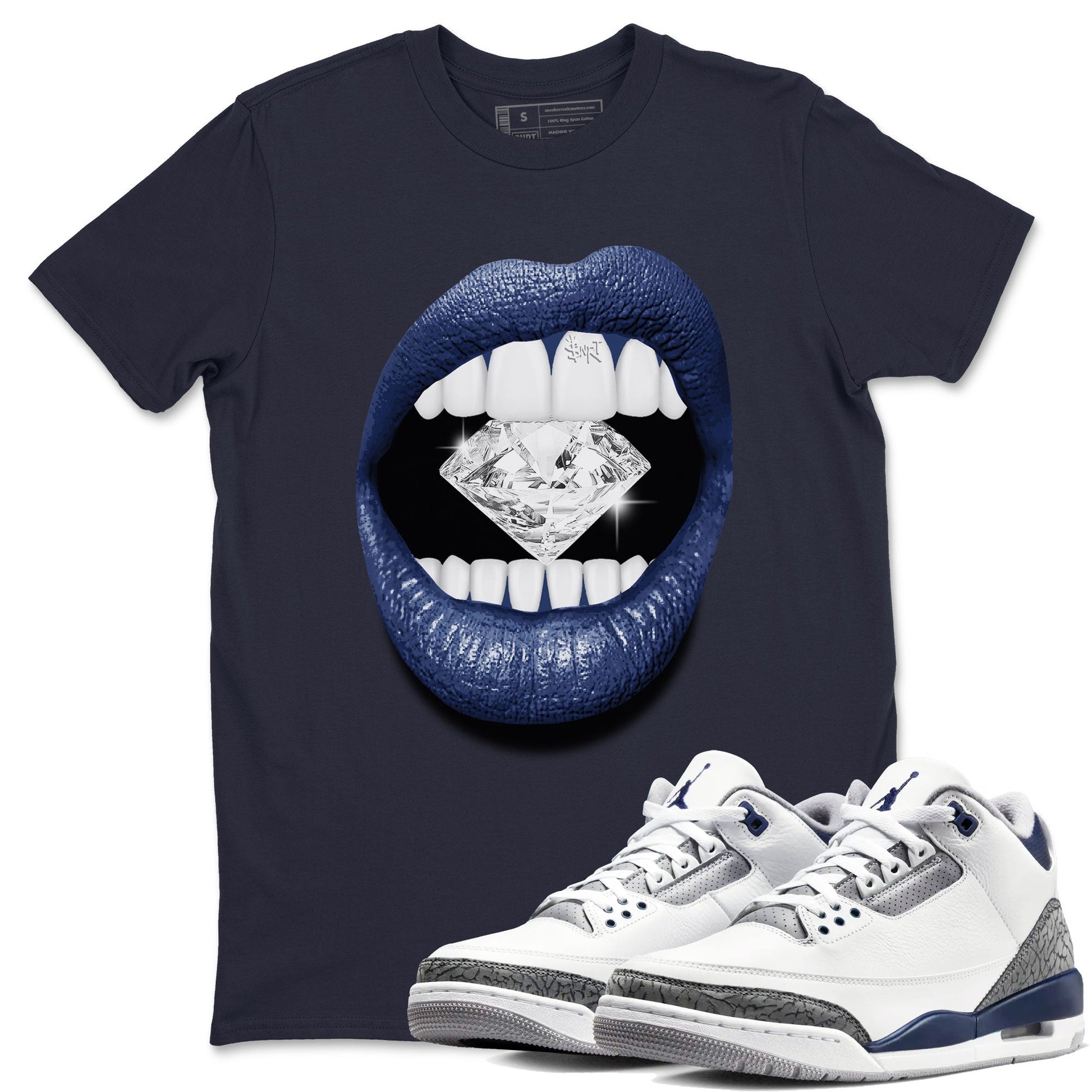 Air Jordan 3 Midnight Navy shirt to match jordans Lips Diamond sneaker tees 3s Midnight Navy SNRT Sneaker T Shirt  unisex cotton Navy 1 crew neck shirt