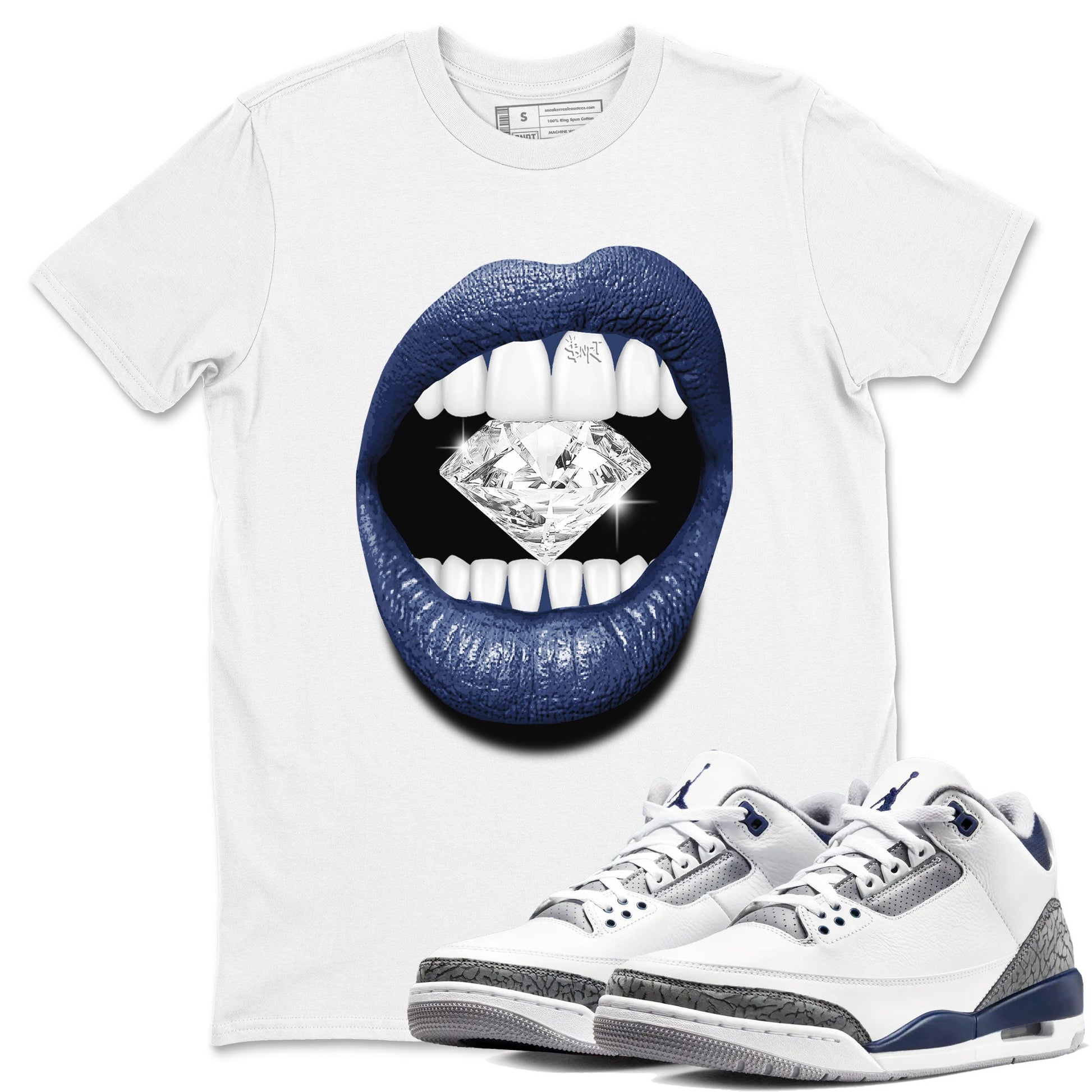 Air Jordan 3 Midnight Navy shirt to match jordans Lips Diamond sneaker tees 3s Midnight Navy SNRT Sneaker T Shirt  unisex cotton White 1 crew neck shirt