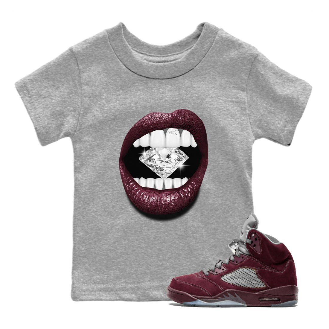 Air Jordan 5 Burgundy Sneaker Match Tees Lips Diamond Sneaker Tees Jordan 5 Burgundy Sneaker Release Tees Matching Outfits Kids Shirts Heather Grey 1