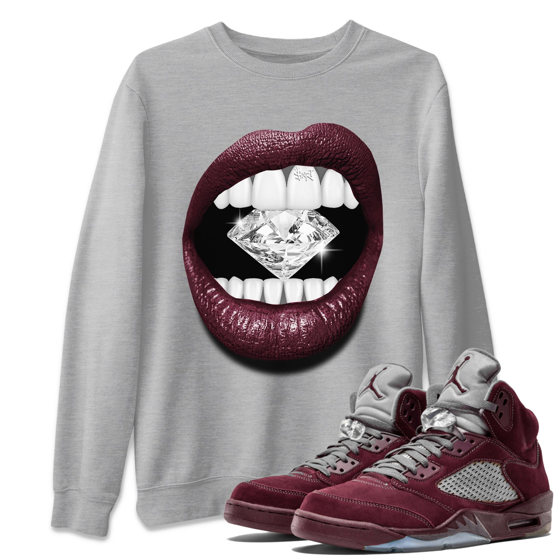 Air Jordan 5 Burgundy Sneaker Match Tees Lips Diamond Sneaker Tees Jordan 5 Burgundy Sneaker Release Tees Matching Outfits Unisex Shirts Heather Grey 1