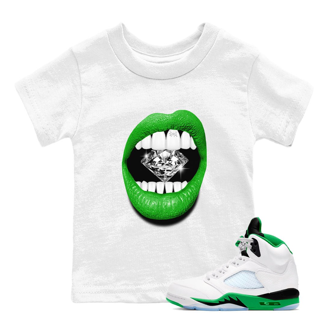 Air Jordan 5 Lucky Green Shirt To Match Jordans Lips Diamond Streetwear Fashion 5s Lucky Green SNRT sneaker release tees baby toddler White 1 cotton Shirt